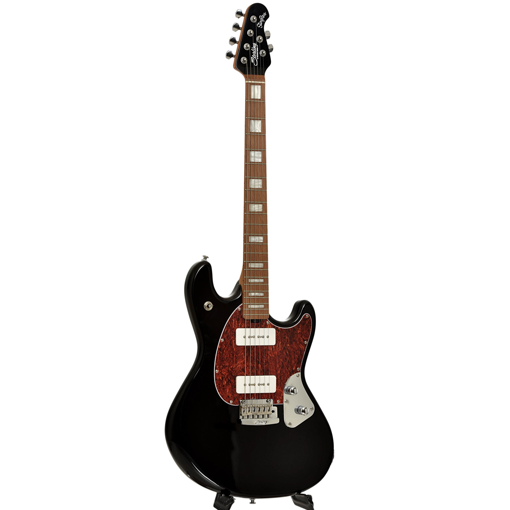 Full front and side of Sterling by Music Man StingRay Plus Electric Guitar, Black