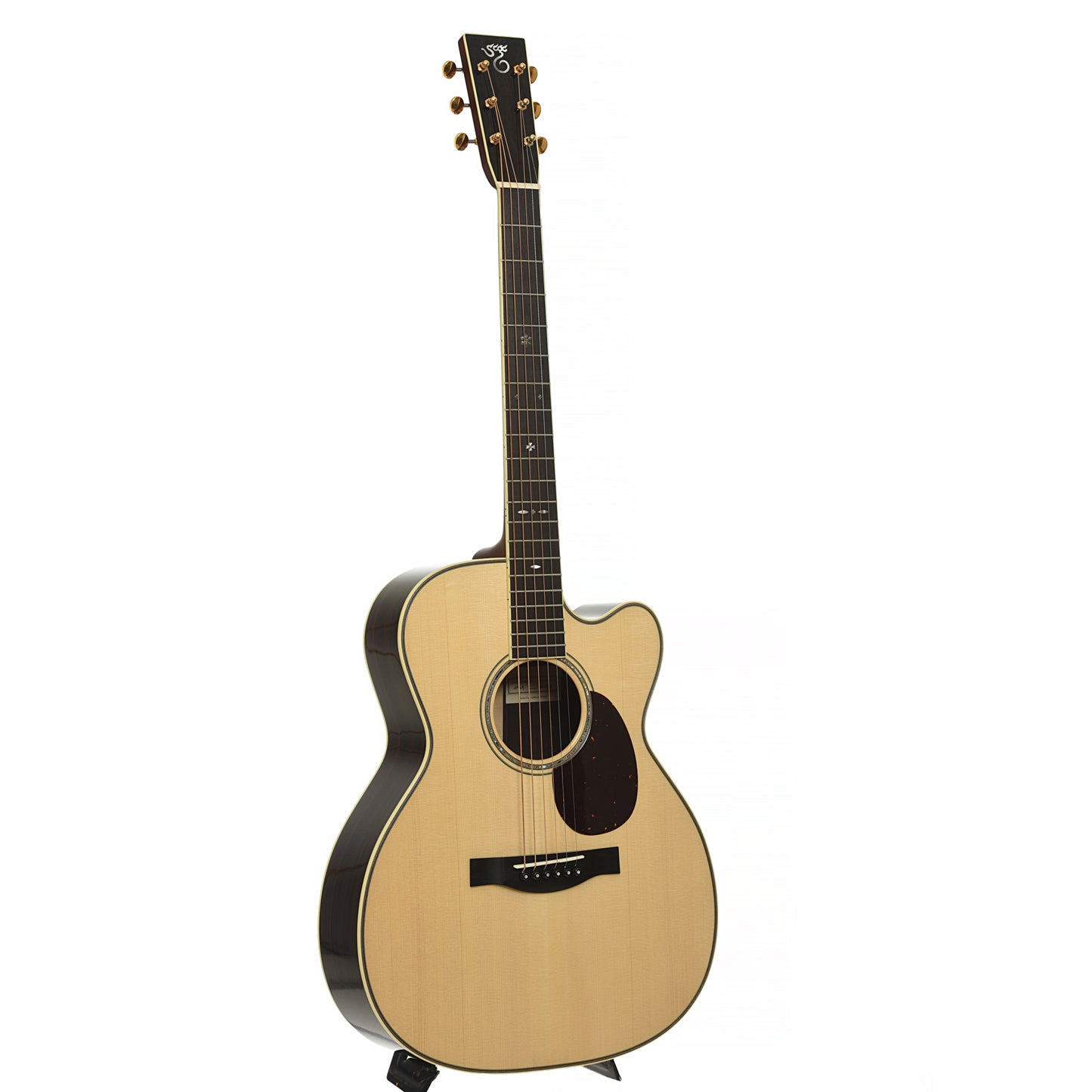 Full front and side of Santa Cruz OM Custom Cutaway Acoustic Guitar