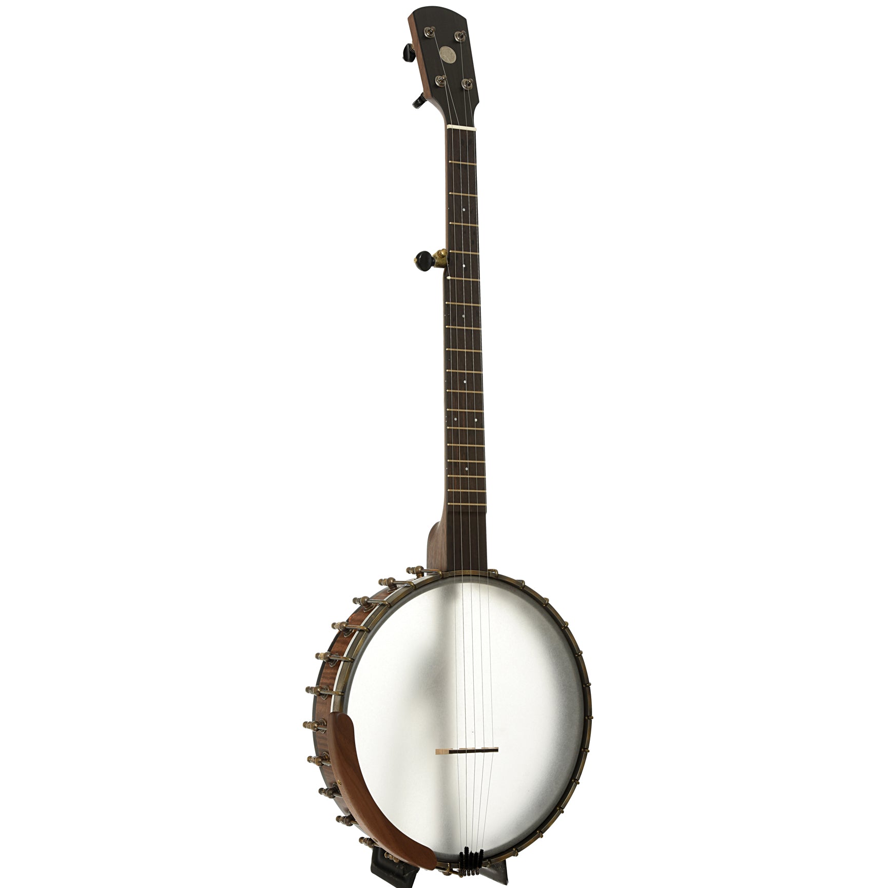 Full front and side of Ode Magician 12" Walnut Openback Banjo