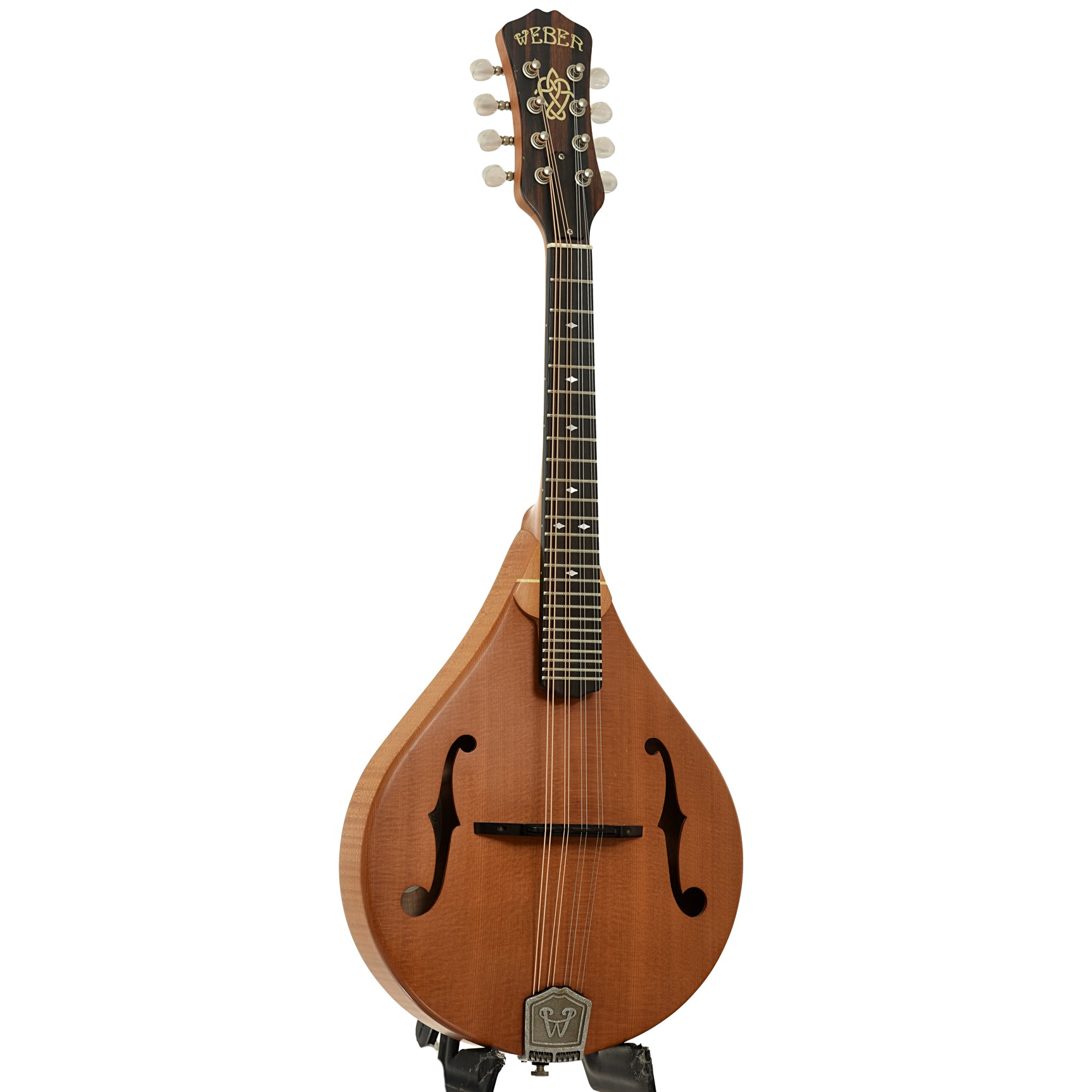 Full front and side of Weber Hyalite Mandolin 