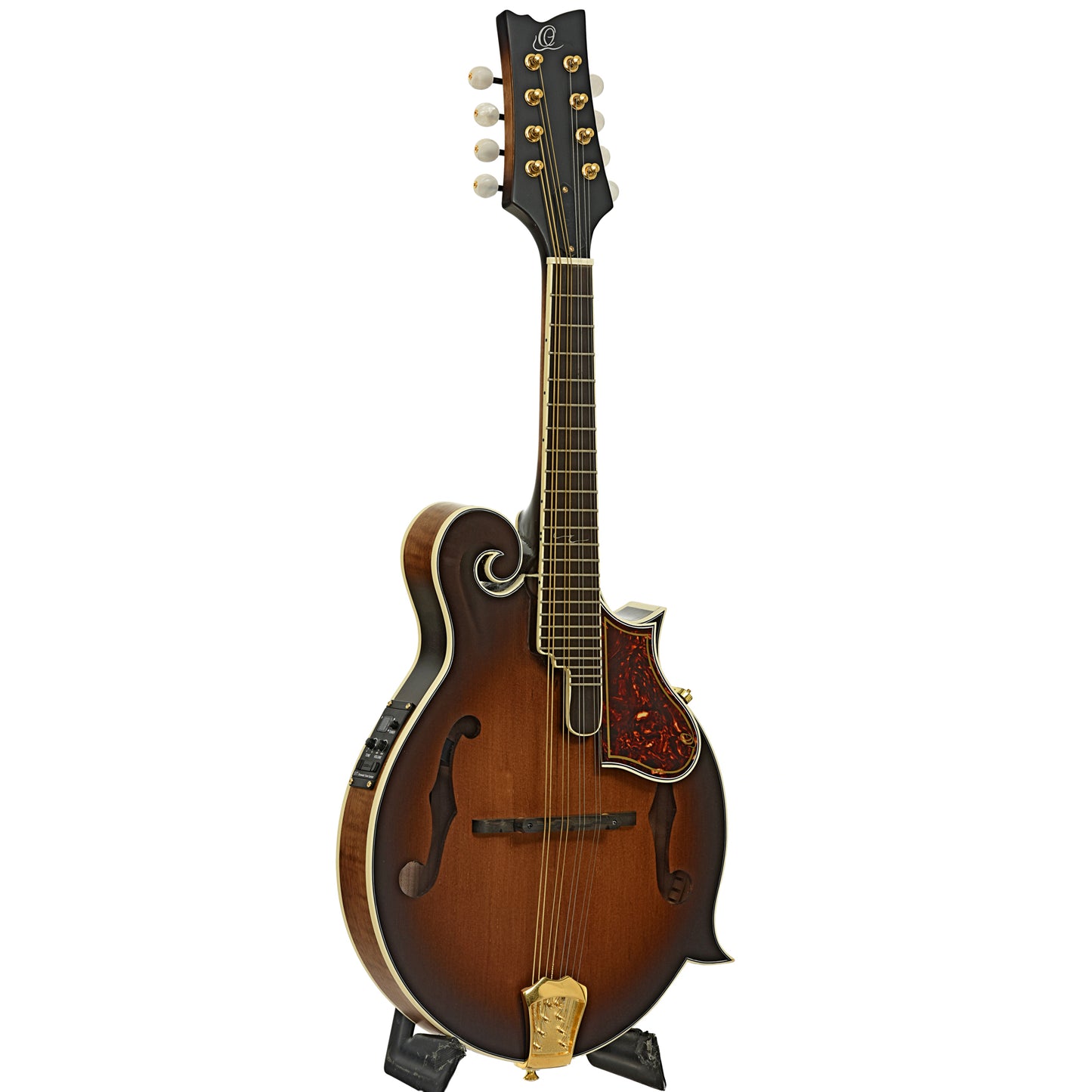 Full front and side ofOrtega RMFE100AVO Acoustic-Electric F-Model Mandolin