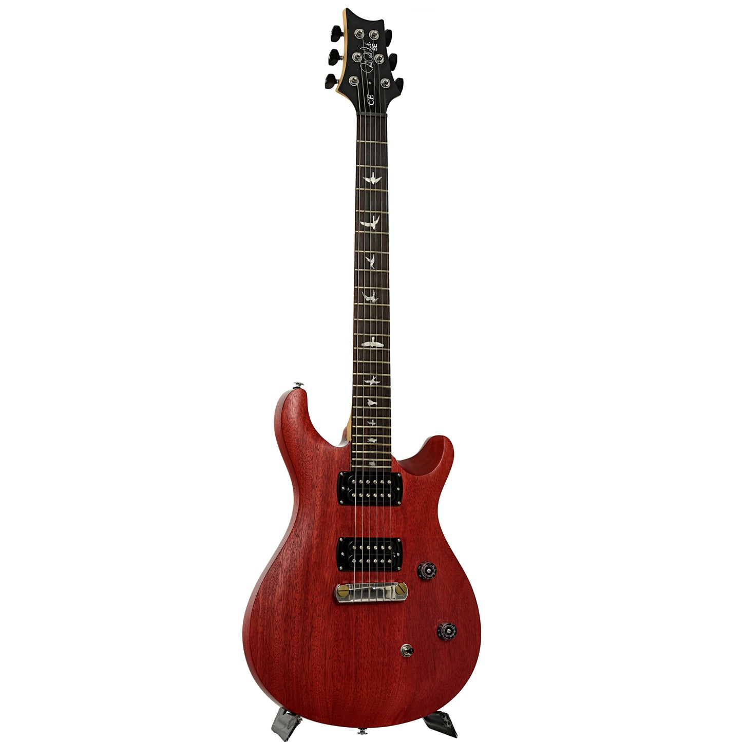 Full front and side of PRS SE CE 24 Standard Satin Stoptail Vintage Cherry Electric Guitar