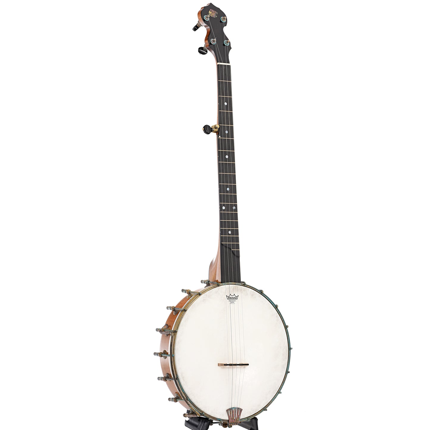 Full front and side of Bloom Old Brass Special Openback Banjo