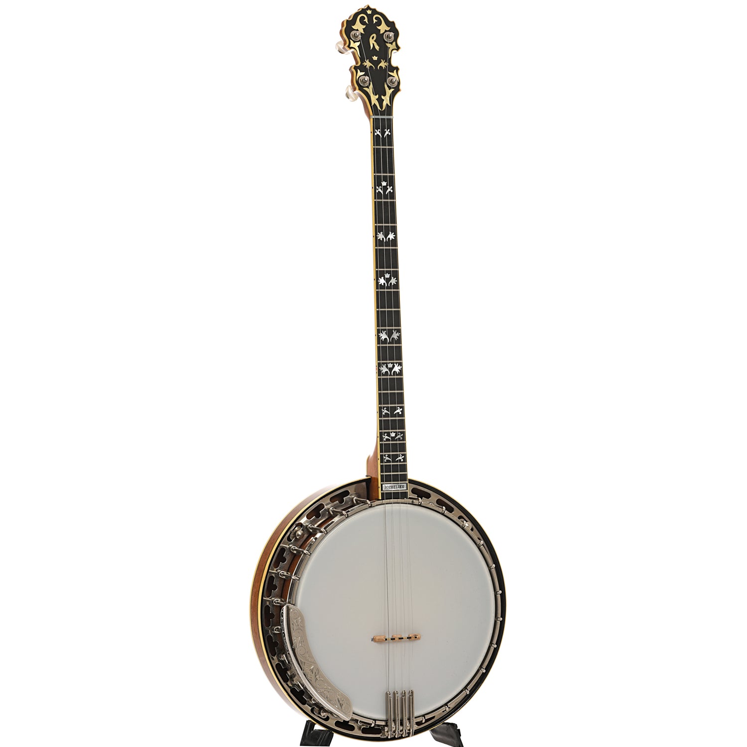 Full front and side of Richelieu 4102 Golden Eagle Plectrum Banjo
