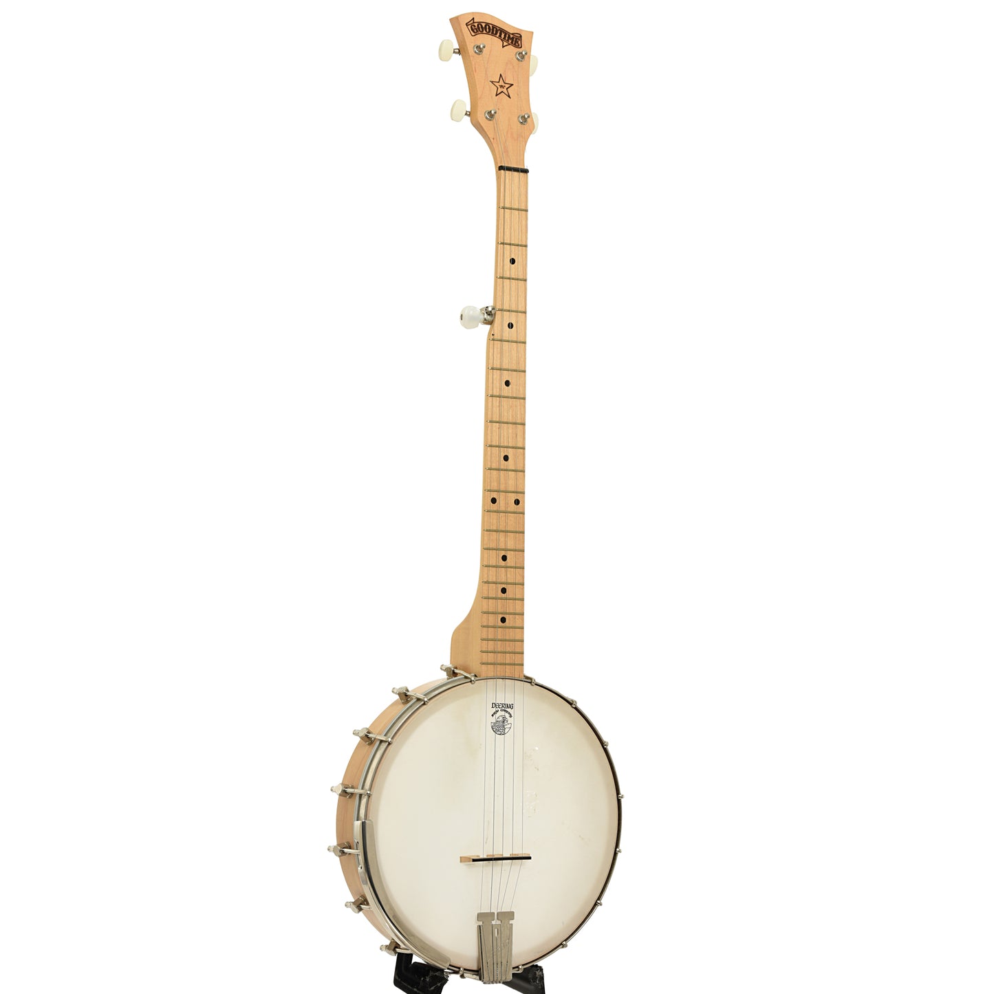 Full front and side of Deering Goodtime Open Back Banjo 