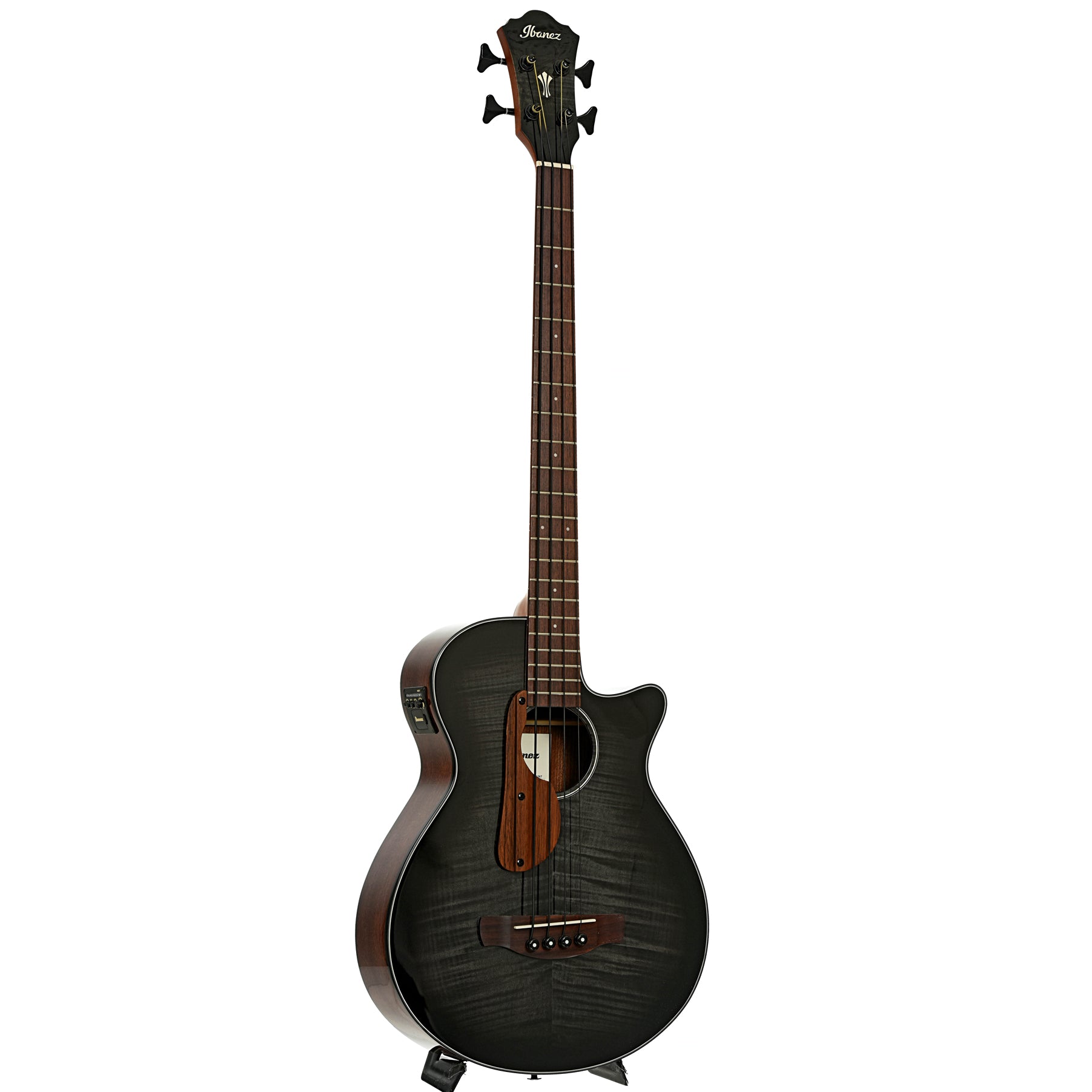 Full front and side of Ibanez AEGB25E Acoustic-Electric Bass Guitar - Transparent Black Sunburst