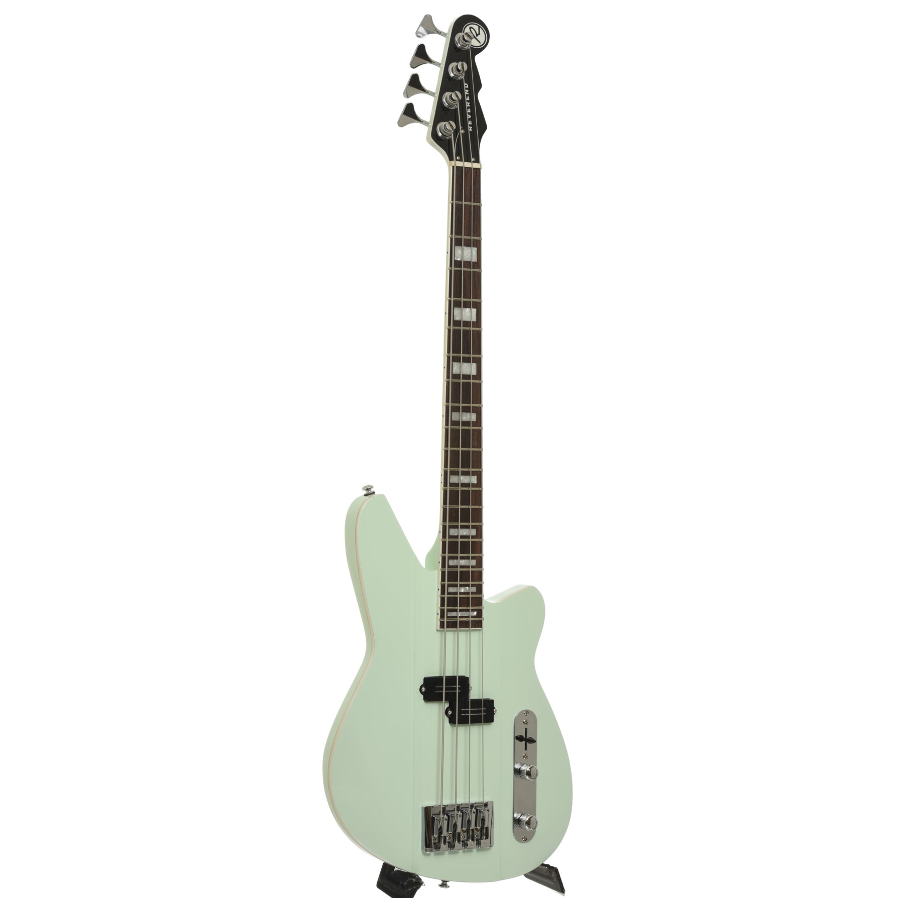 Full front and side of Reverend Sentinel Short Scale Electric Bass Guitar, Iconic Blue