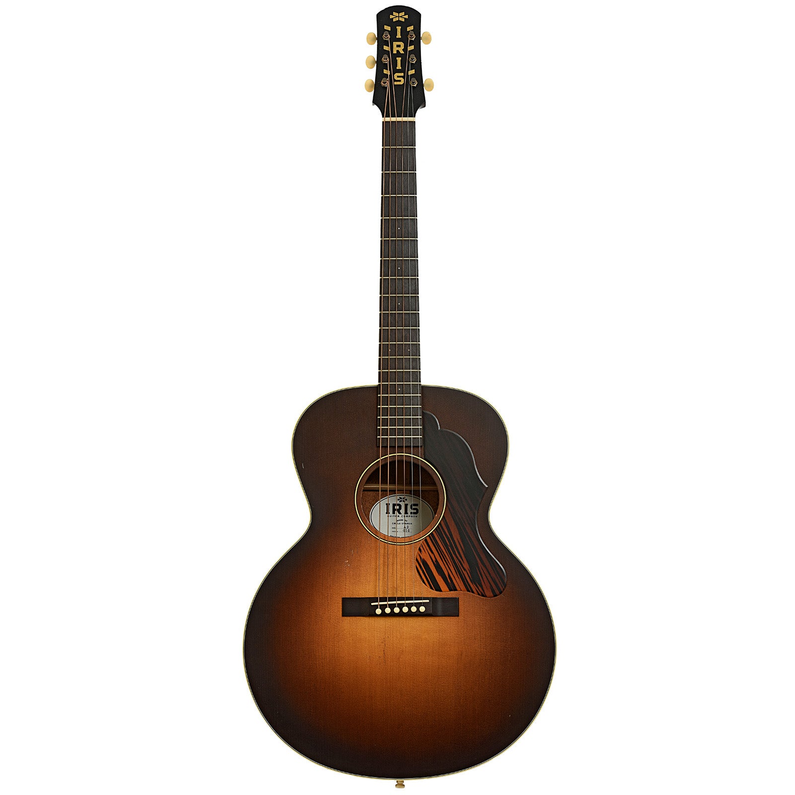 Full front of Iris Guitar Company AB Burst Relic Wide-Nut Small Jumbo Acoustic Guitar