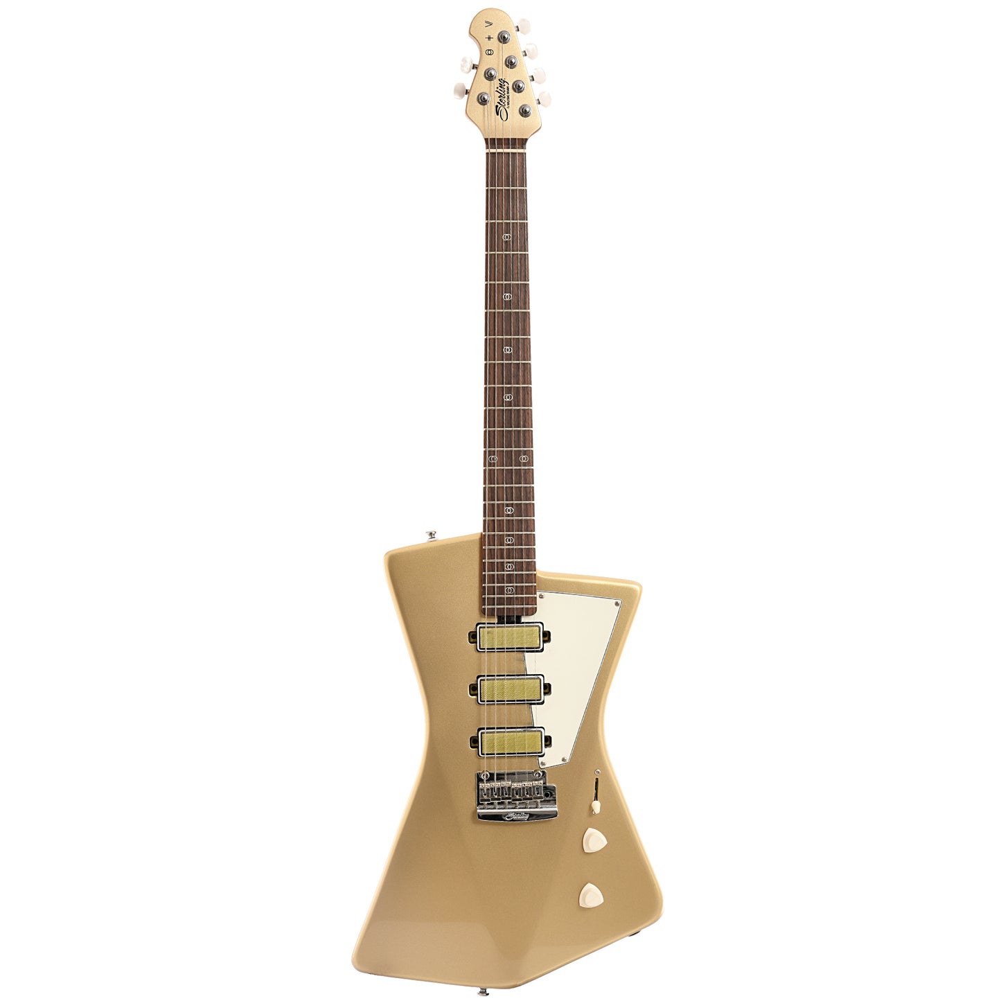 Full front of Sterling by Music Man St. Vincent Goldie Electric Guitar, Cashmere