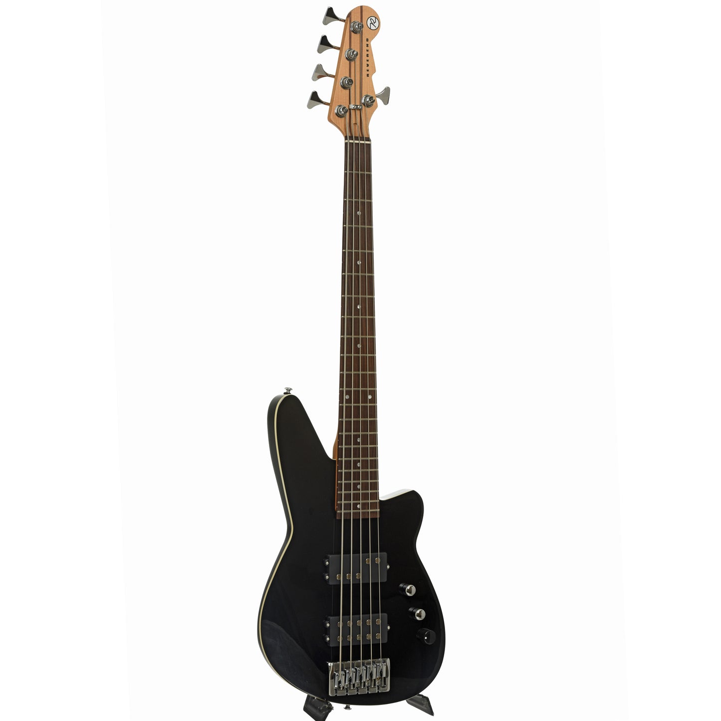 Full front and side of Reverend Mercalli 5 5-string Electric Bass Guitar, Midnight Black 
