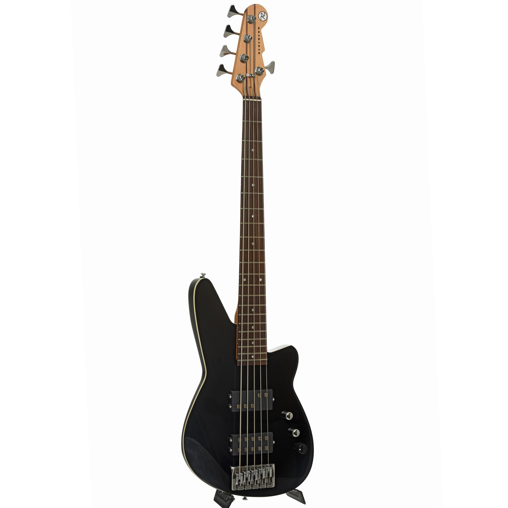 Full front and side of Reverend Mercalli 5 5-string Electric Bass Guitar, Midnight Black 