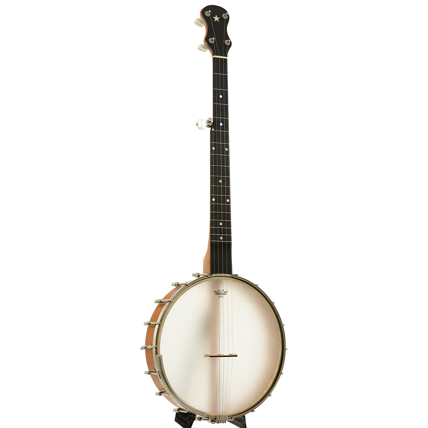 Full front and side of Mike Ramsey Custom Maple Special Open Back Banjo