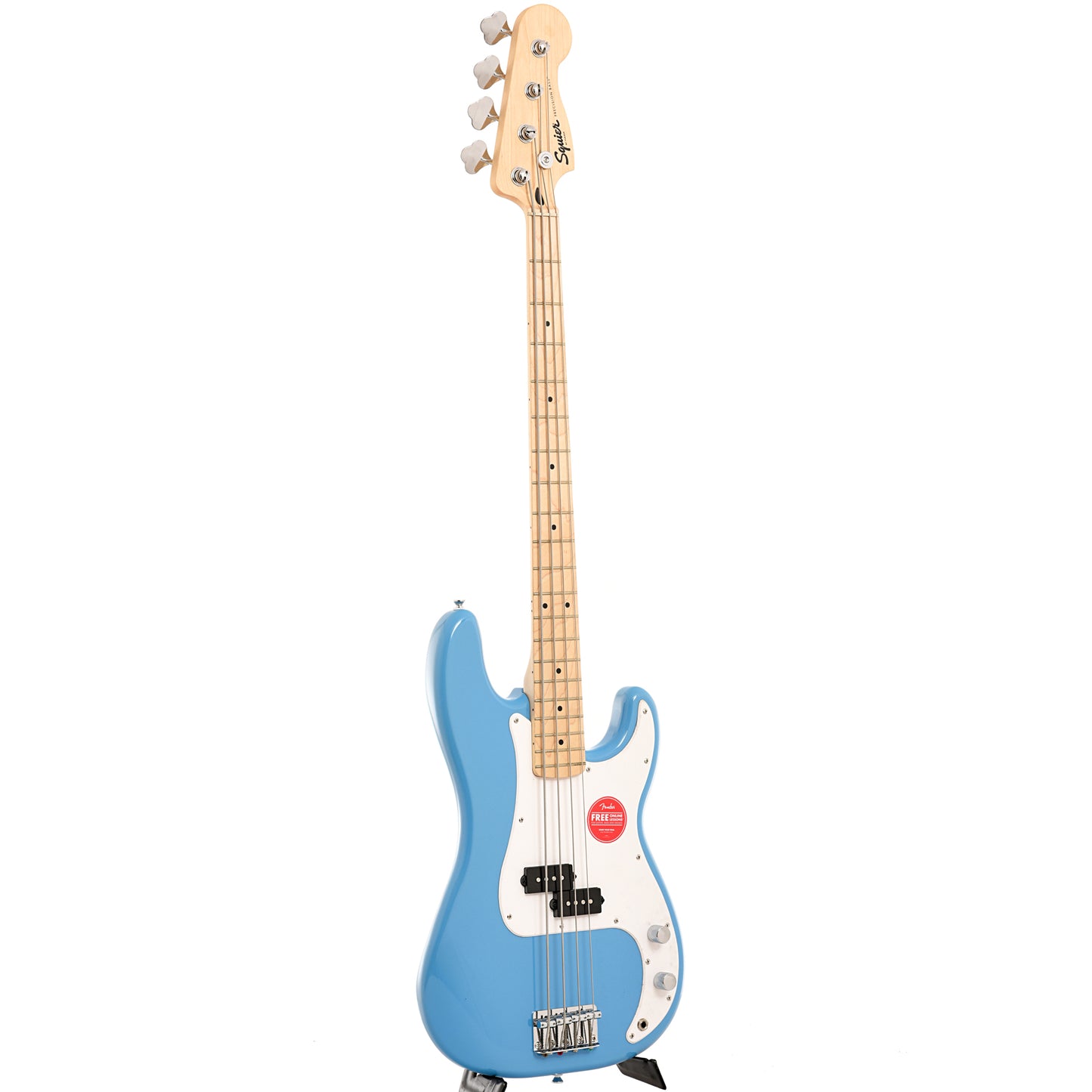 Full front and side of Squier Sonic Precision Bass, California Blue