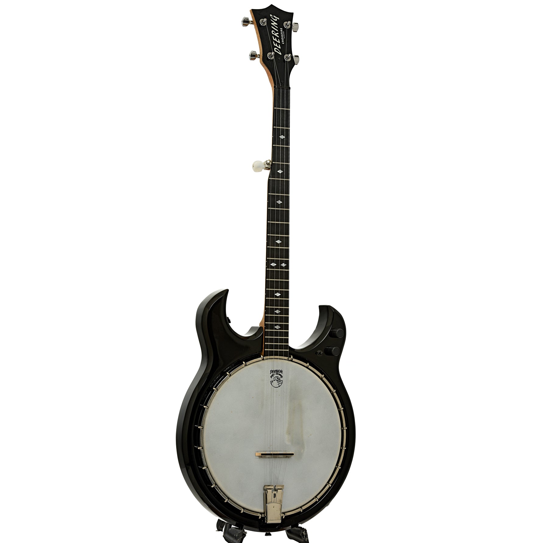 Full front and side of Deering Crossfire Electric Banjo 