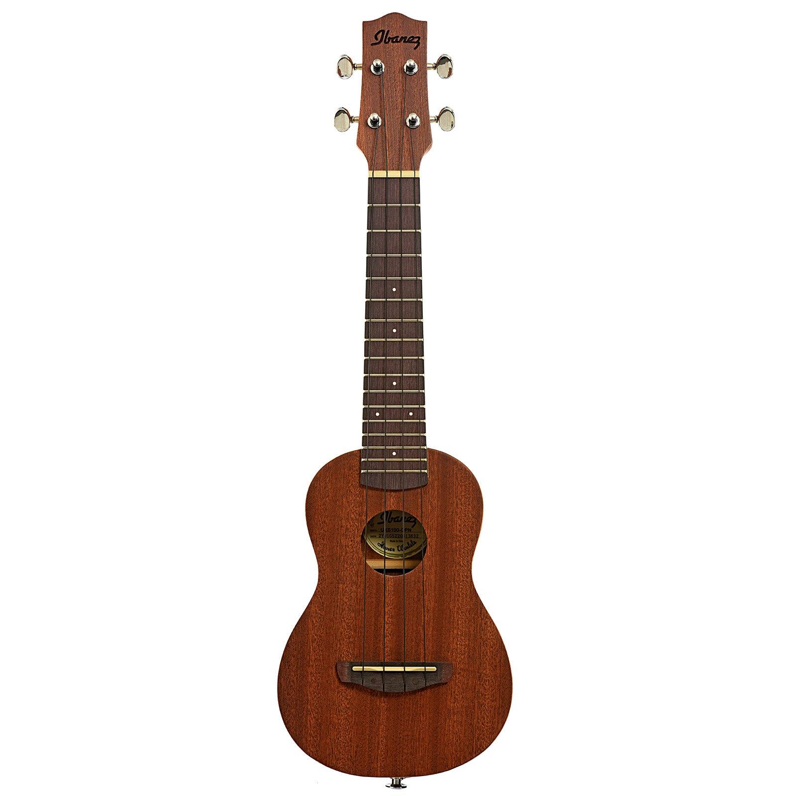 Full front of Ibanez Soprano Ukulele with Bag, Open Pore Natural