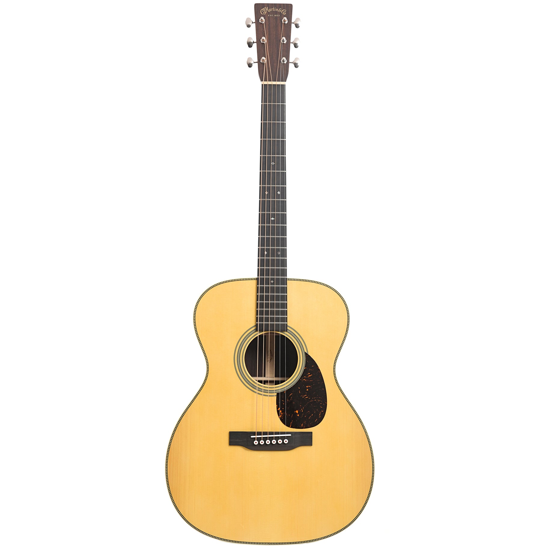 Full front of Martin Custom Herringbone 28-Style OM Guitar & Case, Thinner Adirondack Top