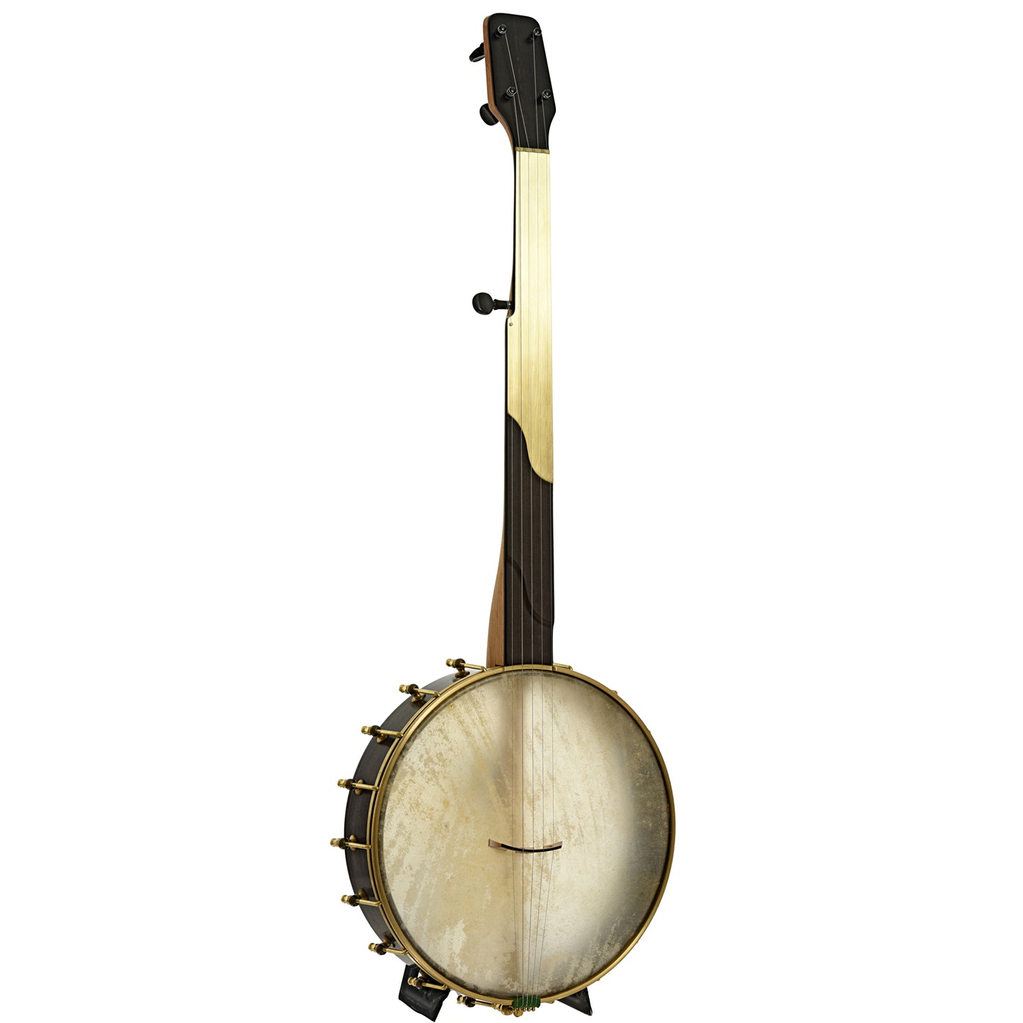 Full front and side of Chuck Lee Deep Hollow 12" Fretless Openback Banjo #875
