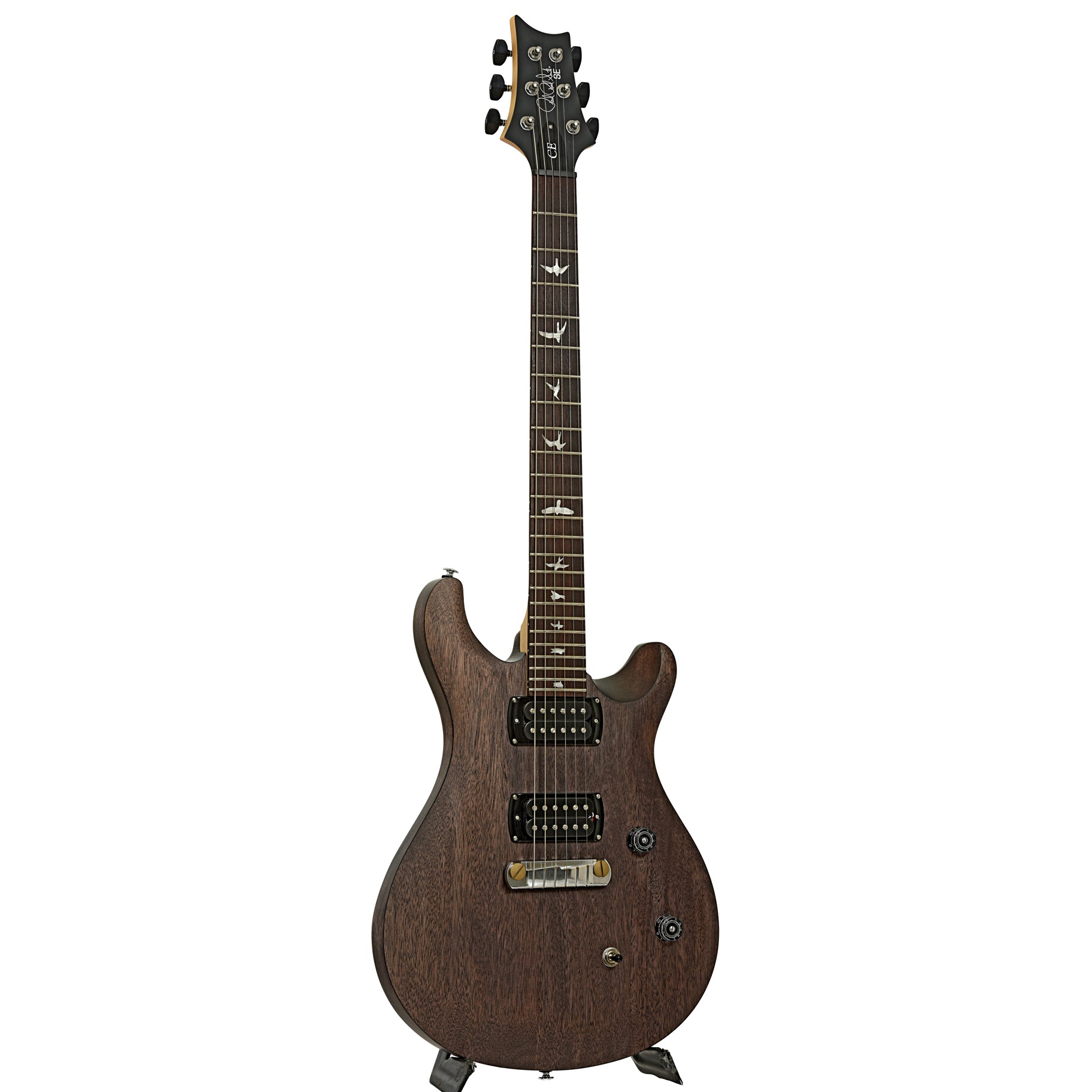 Full front and side of PRS SE CE 24 Standard Satin Stoptail Charcoal Electric Guitar