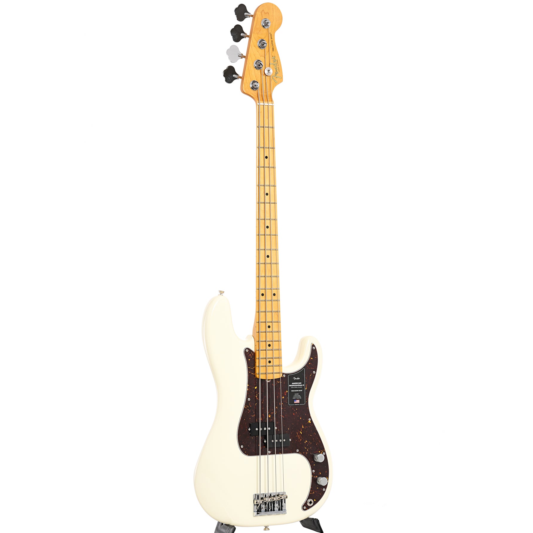 Full front and side of Fender American Professional II Precision Bass, Olympic White