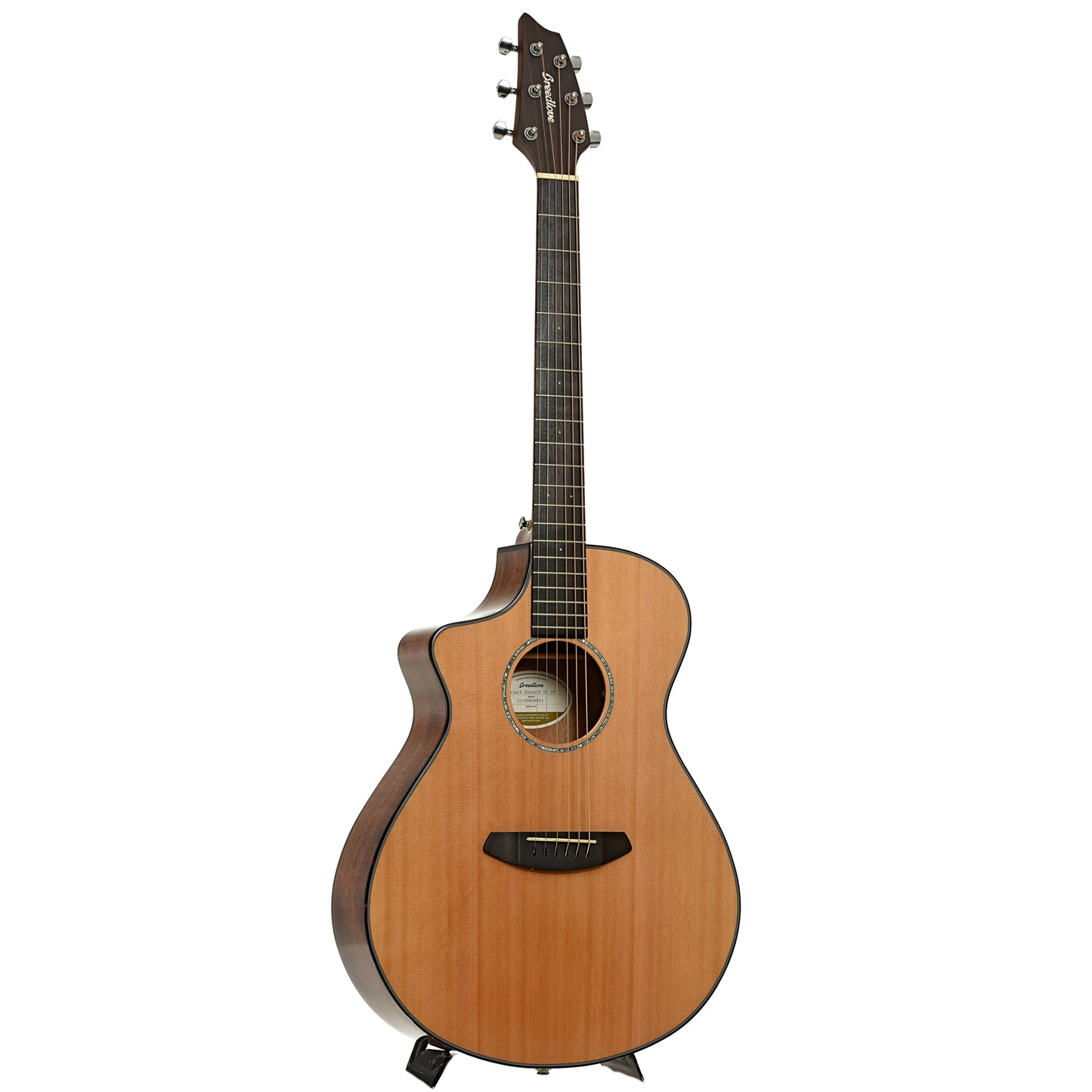 Full front and side of Breedlove Pursuit Concert CE Left Handed Acoustic Guitar