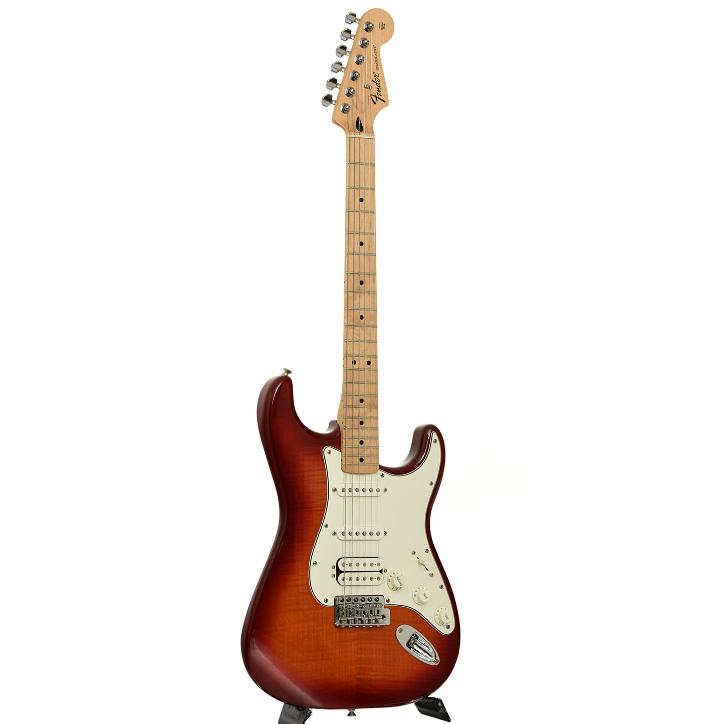 Full front and side of Fender Stratocoaster HSS Plus Top Electric Guitar