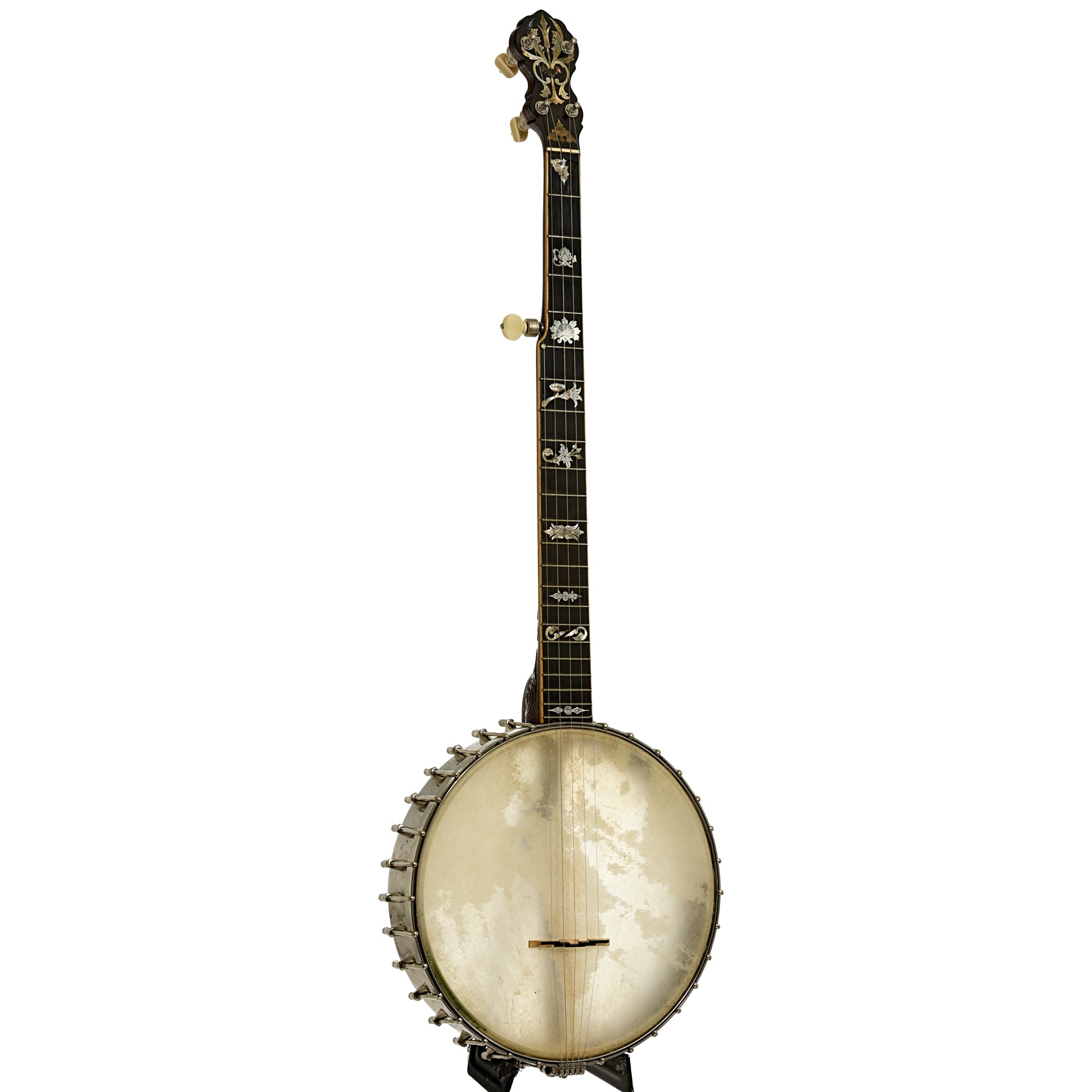 Full front and side of Fairbanks Special Electric No.5 Openback Banjo