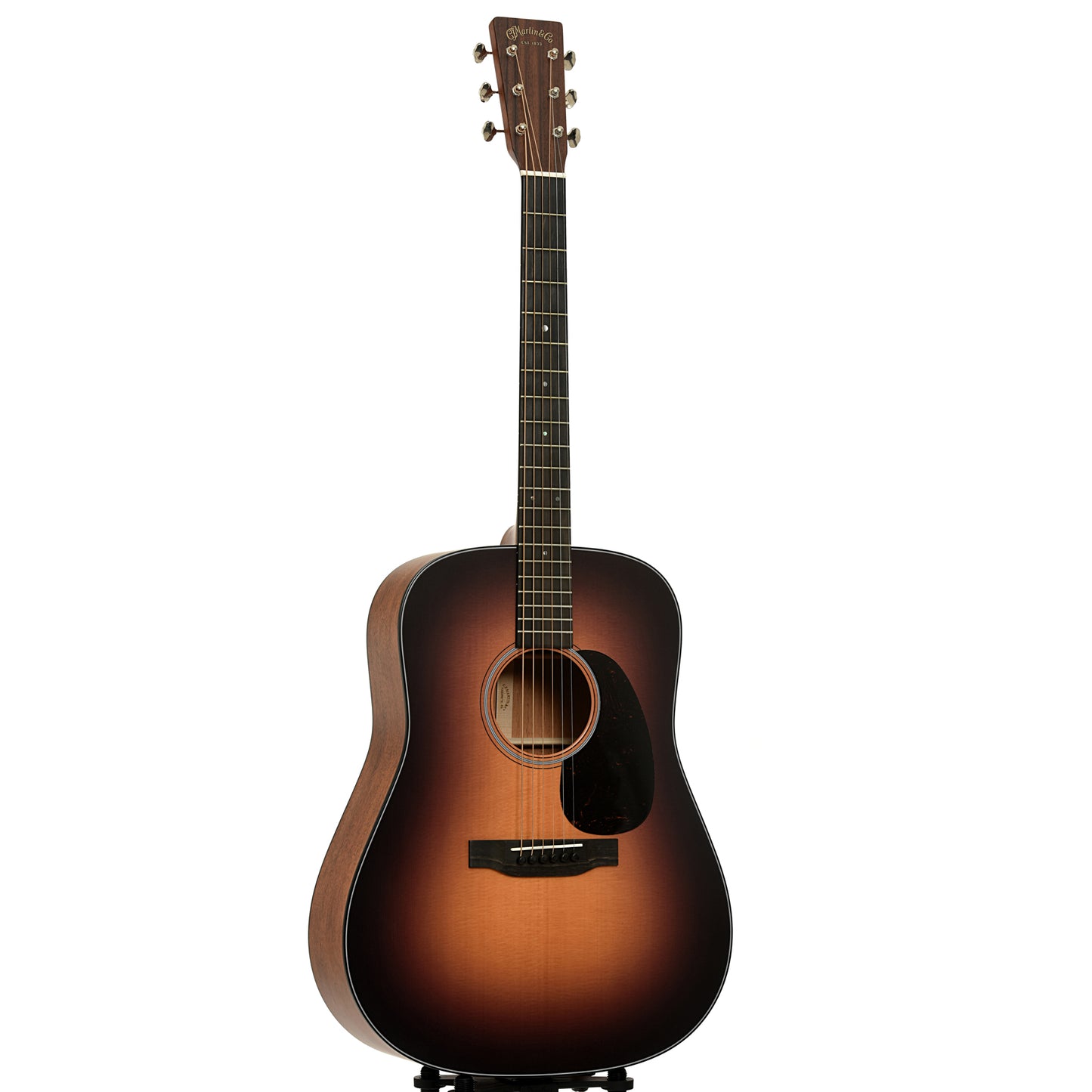 Full front and side of Martin D-18 Satin Sunburst Acoustic Guitar 