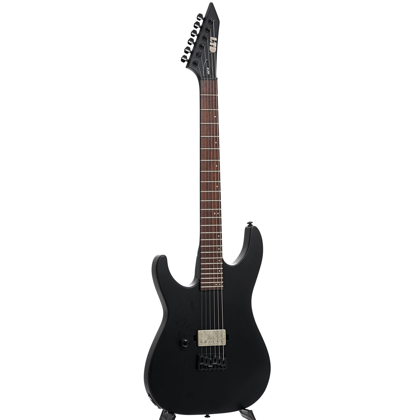 Full front and side of ESP LTD Left Handed M-201HT Electric Guitar, Black Satin