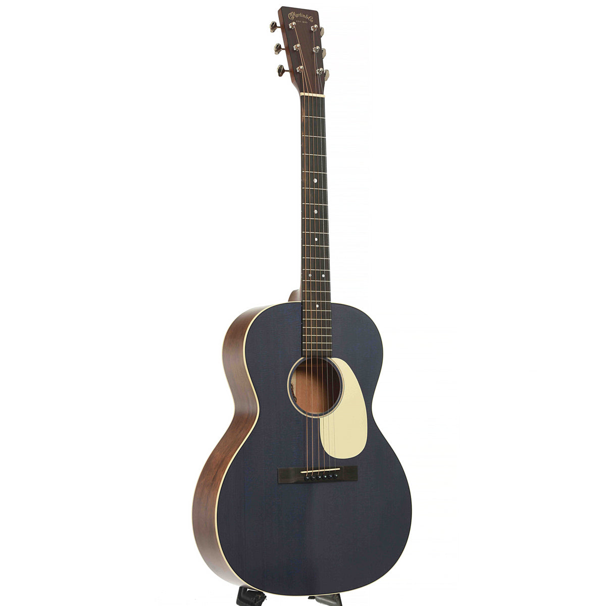 Full Front & Side of Martin 00L-16E Acoustic Guitar & Gigbag, Blue Denim