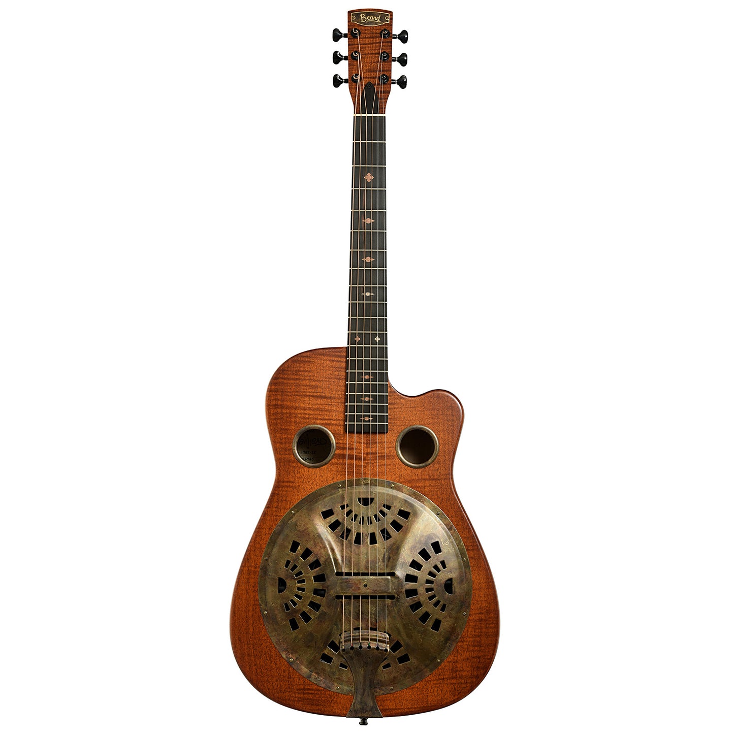Full front of Beard Trailhead Roundneck Resonator Guitar Tobacco Finish