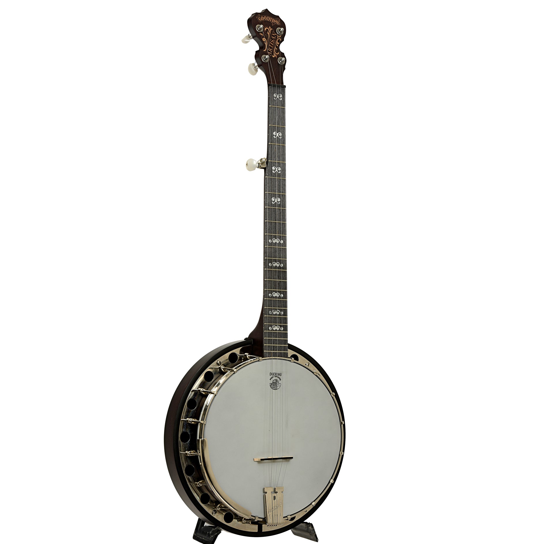 Full front and side of Deering Artisan Goodtime 2 Resonator Banjo