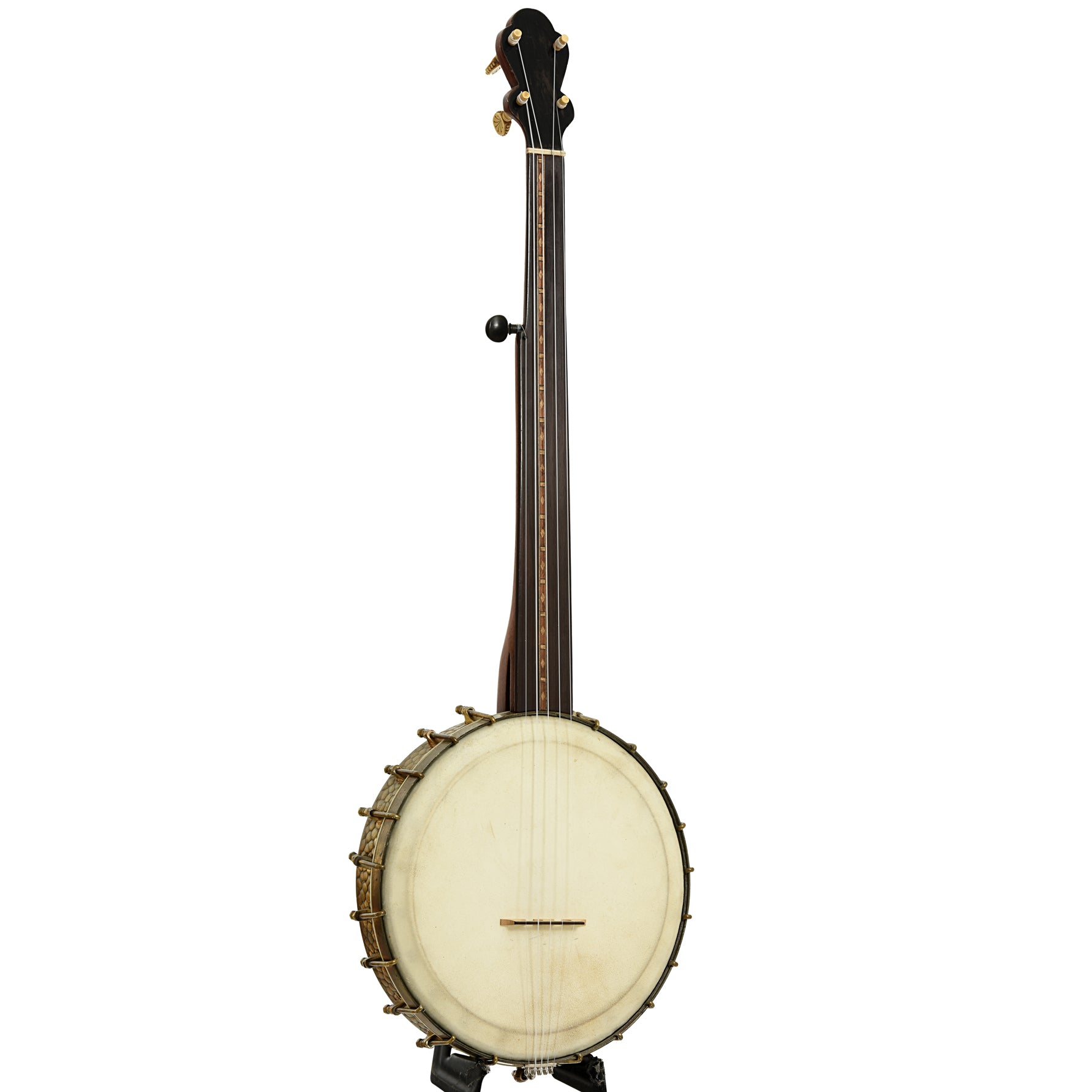 Full front and side of Celebrated Benary Open Back Banjo 