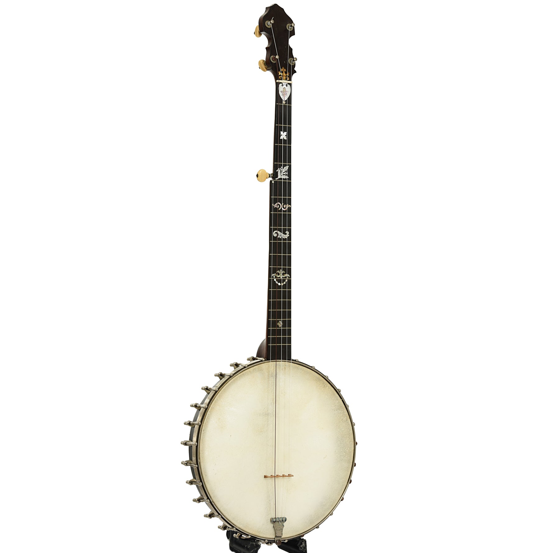 Full front and side of J.E. Quinlan Open Back Banjo 