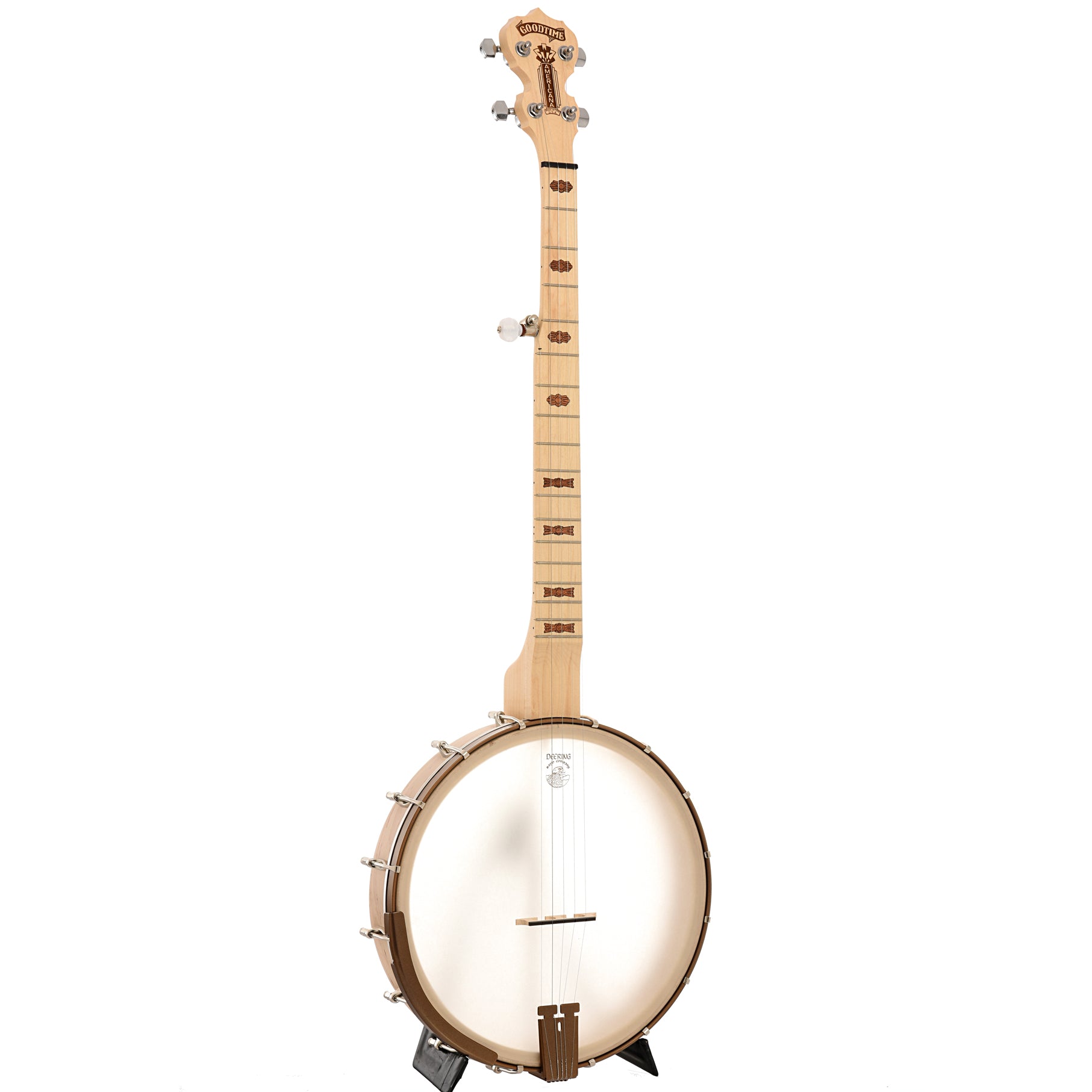Full front and side of Deering Goodtime Americana Deco 12" Openback Banjo with Scooped Fretboard