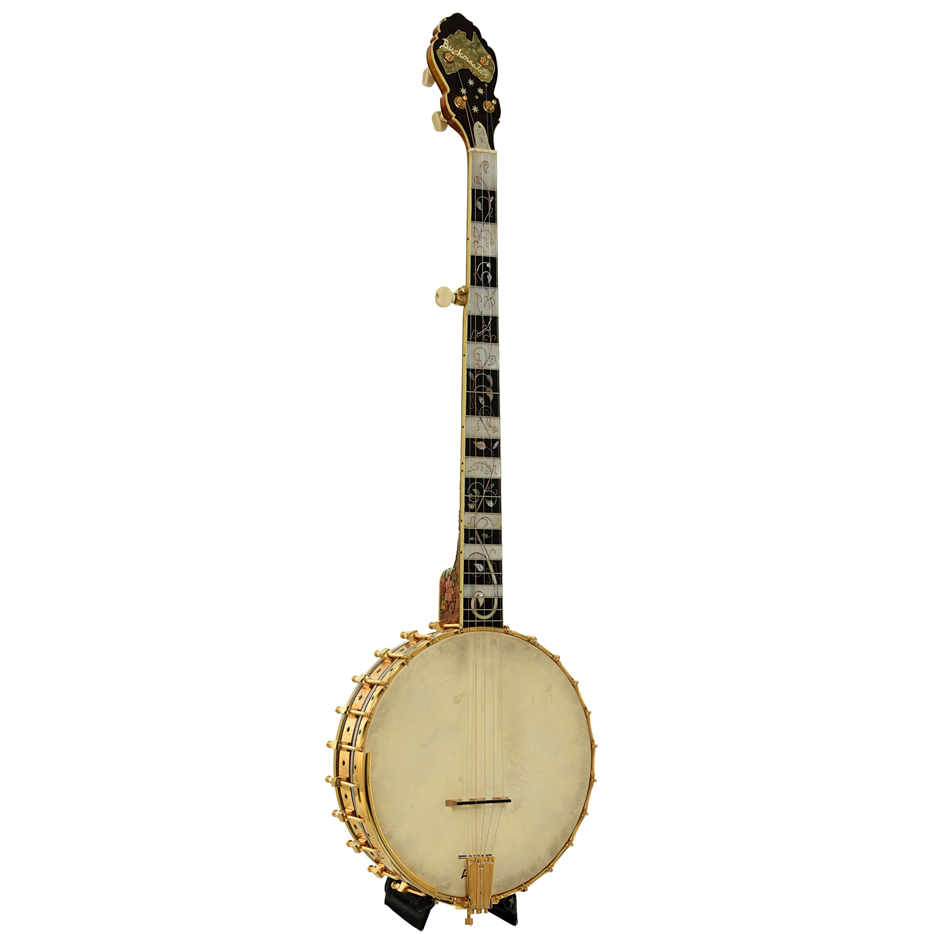 Full front and side of R.O. Buckmaster Deluxe Open Back Banjo