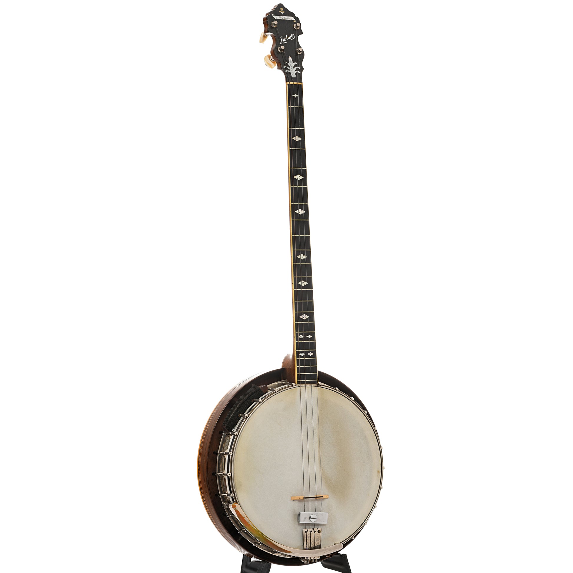 Full front and side of Ludwig Riviera Plectrum Banjo