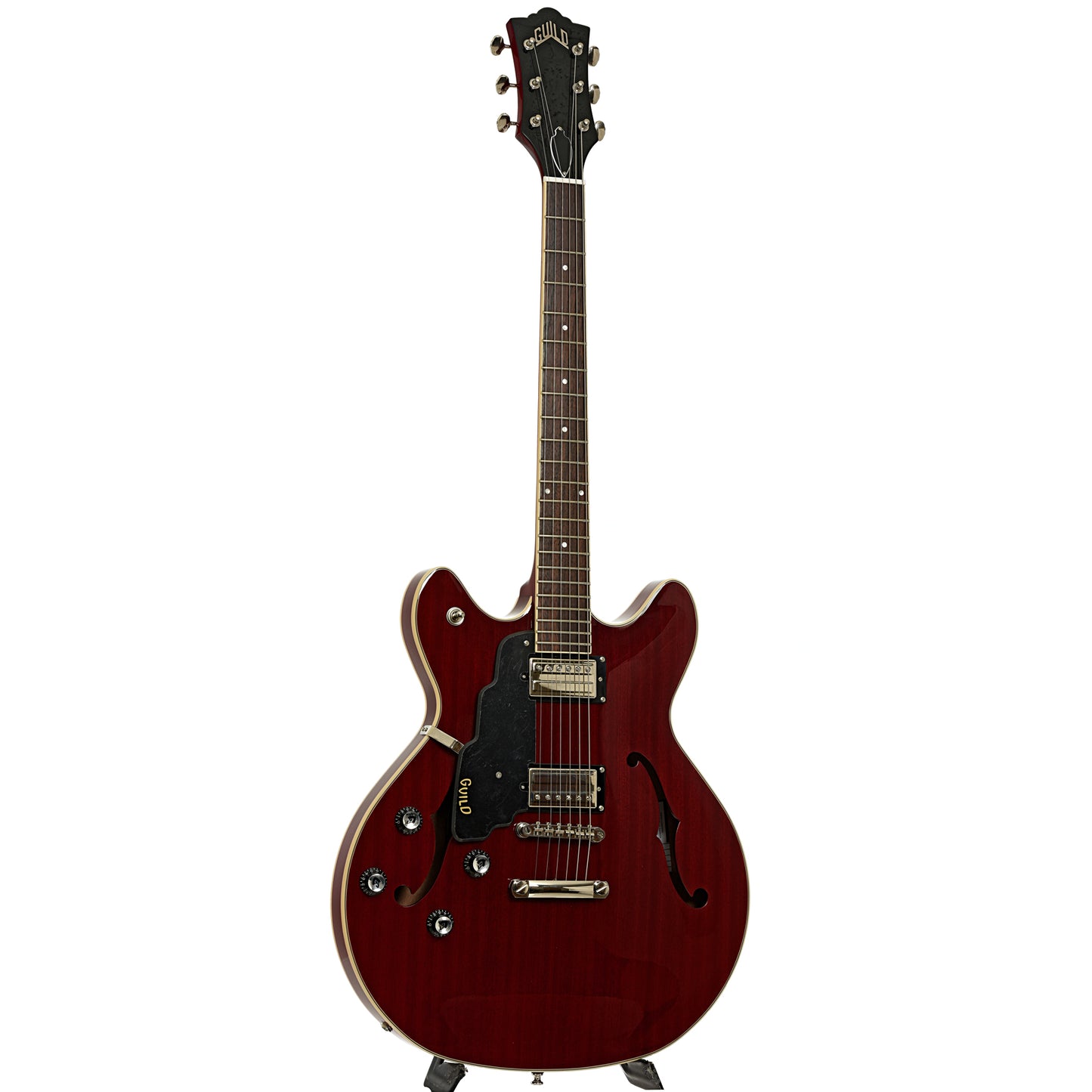 Full front and side of Guild Starfire I Cherry Red Left Handed Semi-Hollow Body Electric Guitar