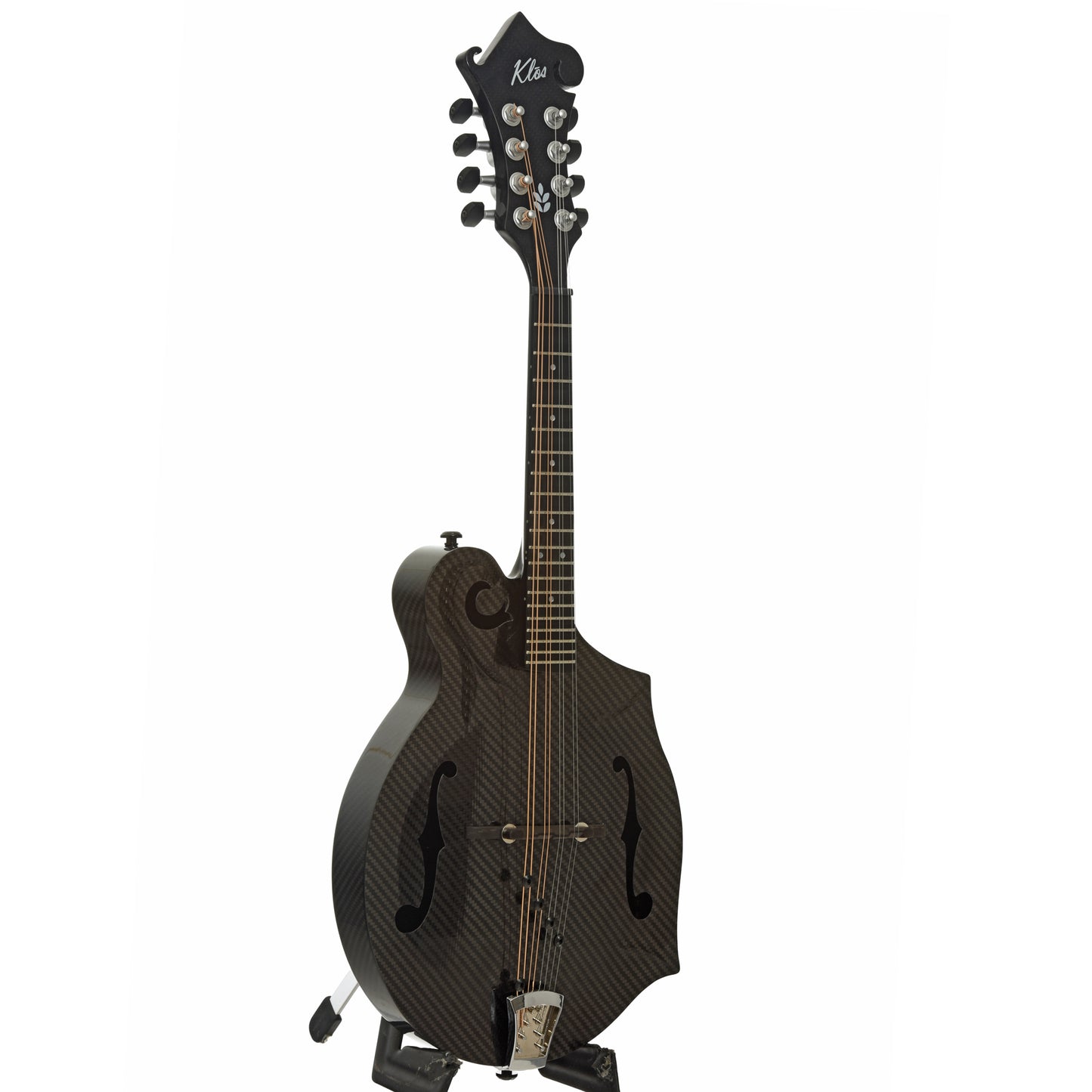 Full front and side of KLOS Carbon Fiber F-Style Mandolin