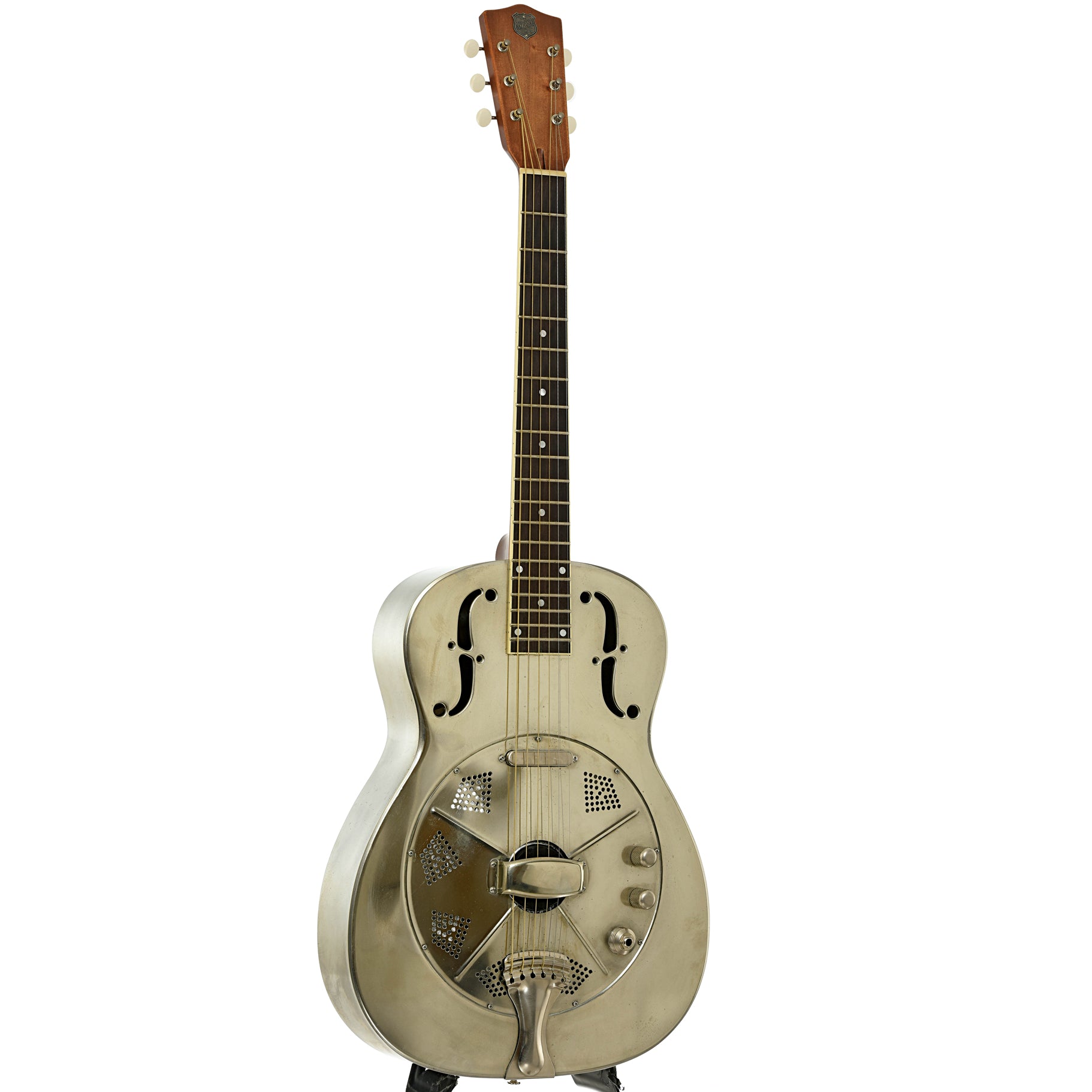 Full front and side of National Raw Steel 14-Fret Resonator Guitar