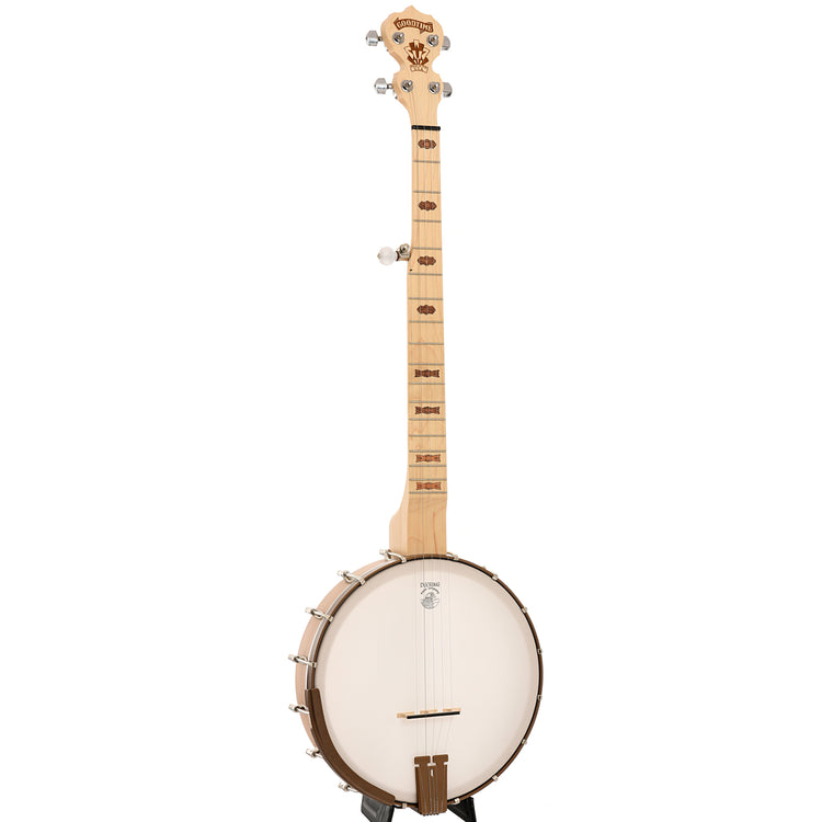 Full front and side of Deering Goodtime Deco Openback Banjo with Scooped Fretboard