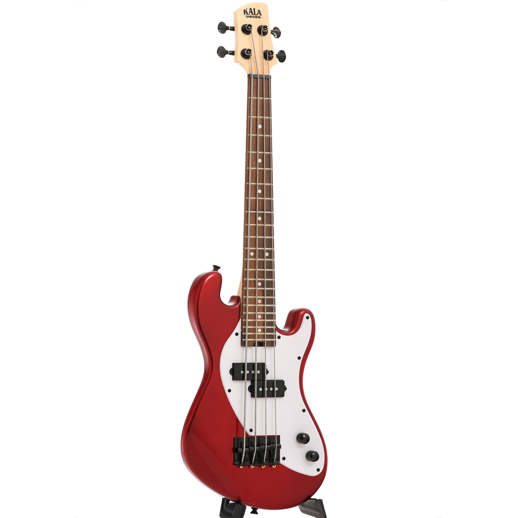 Full front and side of Kala Solid Body U-Bass, Candy Apple Red