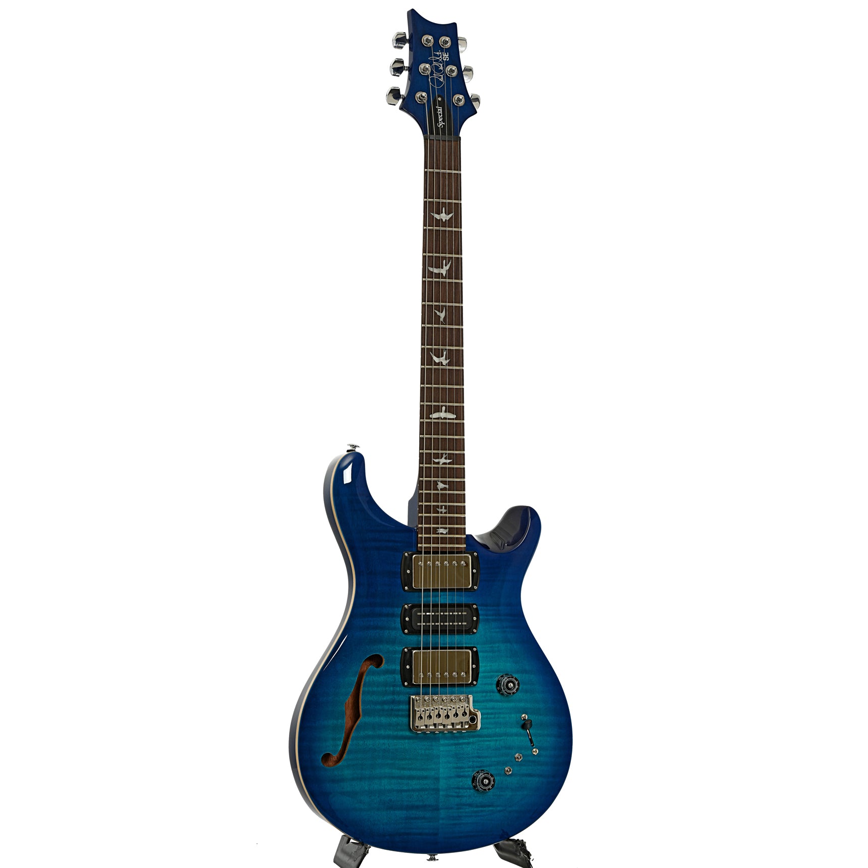 Full front and side of PRS SE Special Semi-Hollow Electric Guitar Lake Blue