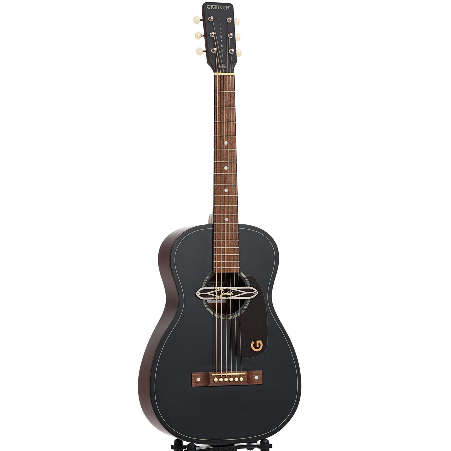 Full front and side of Gretsch Jim Dandy Deltoluxe Parlor Acoustic/Electric Guitar, Black Top