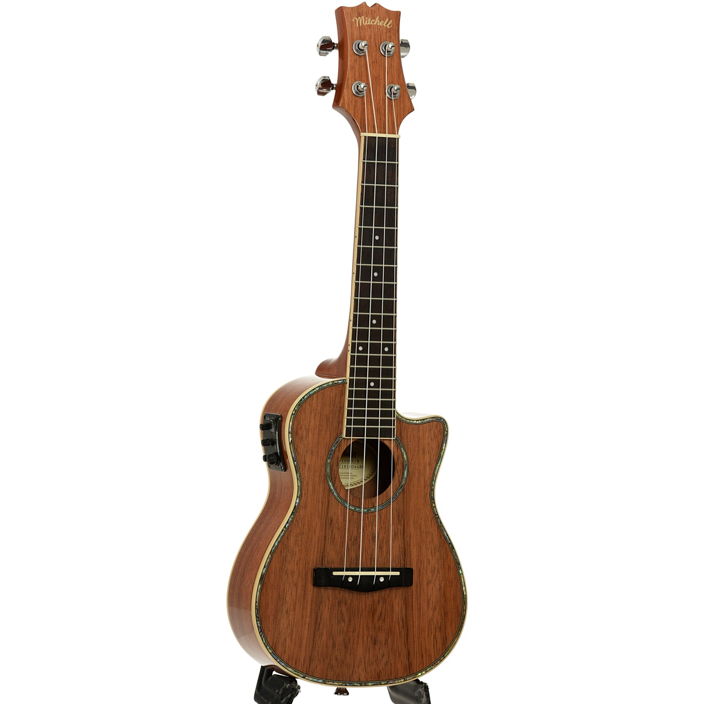 Full front and side of Mitchell MU100CE/N Concert Ukulele