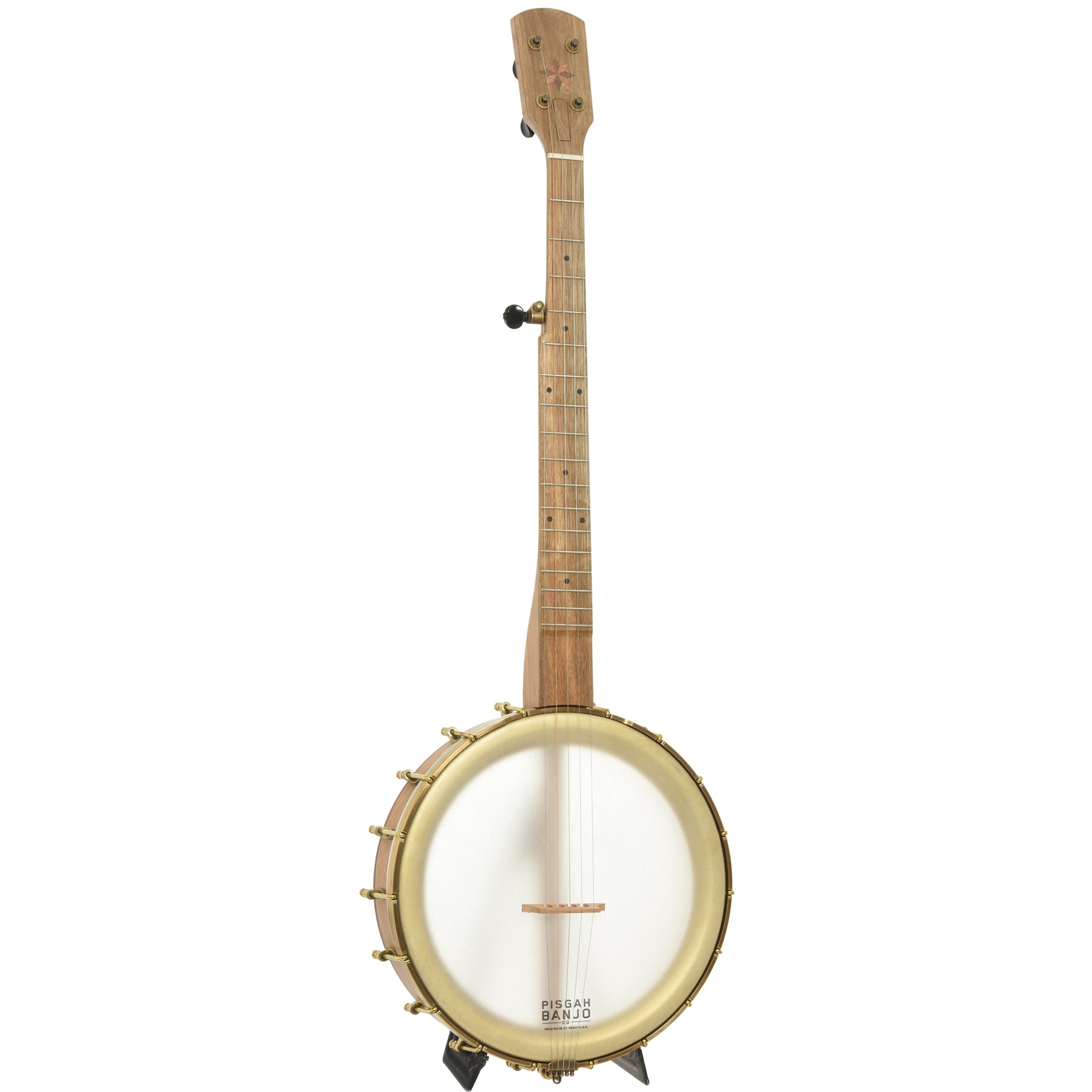 Full front and side of Pisgah Appalachian 11in Short Scale Openback Banjo & Gigbag, Walnut