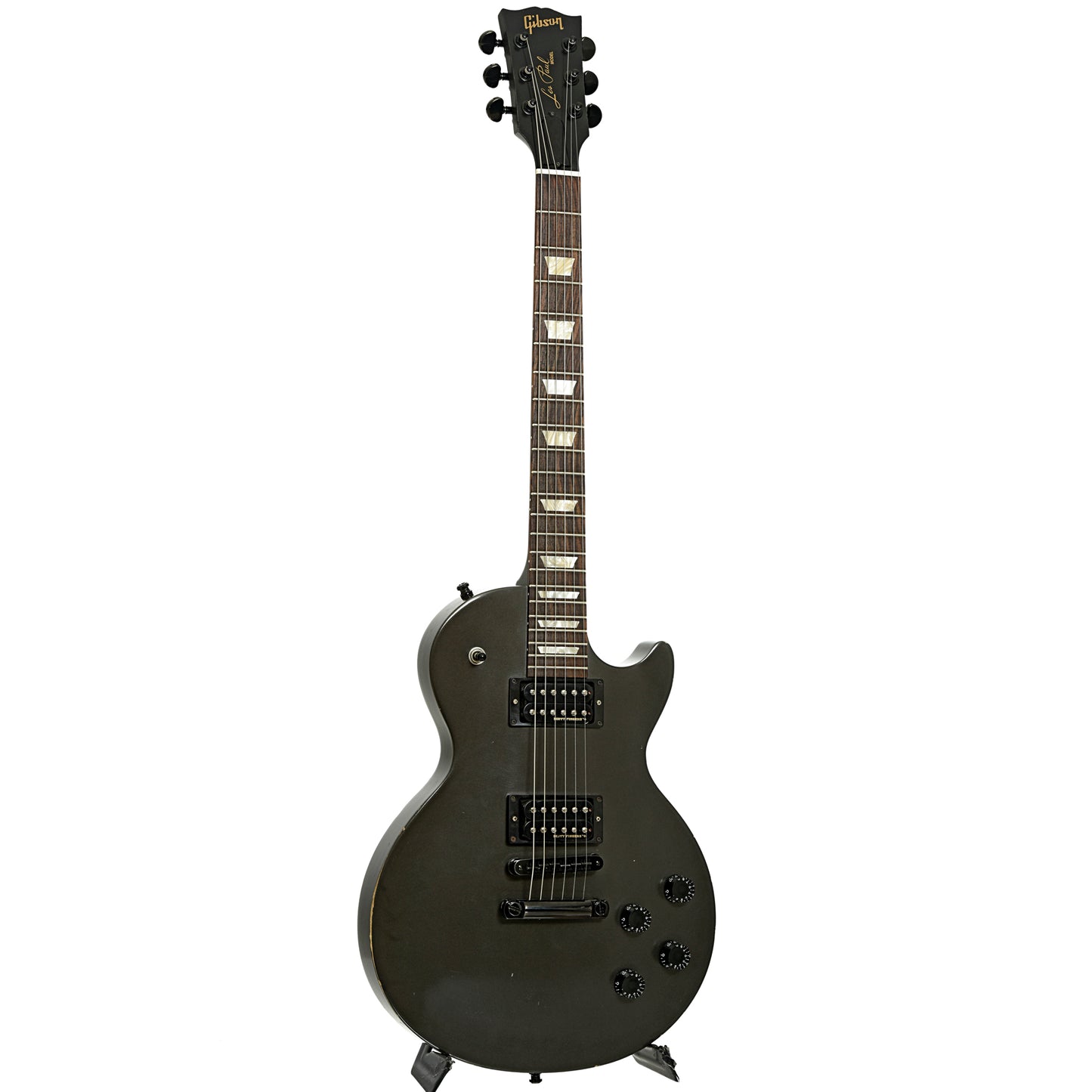 Full front and side of Gibson Government Series Les Paul Gunmetal Grey Electric Guitar