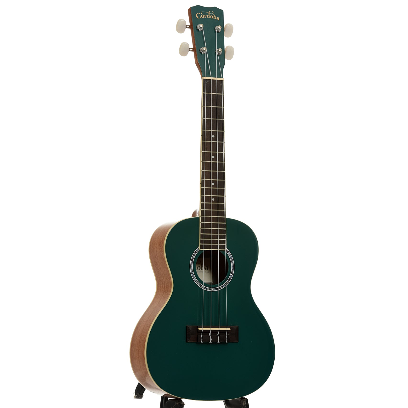 Full front and side of Cordoba 15C Concert Ukulele, Catalonia Green