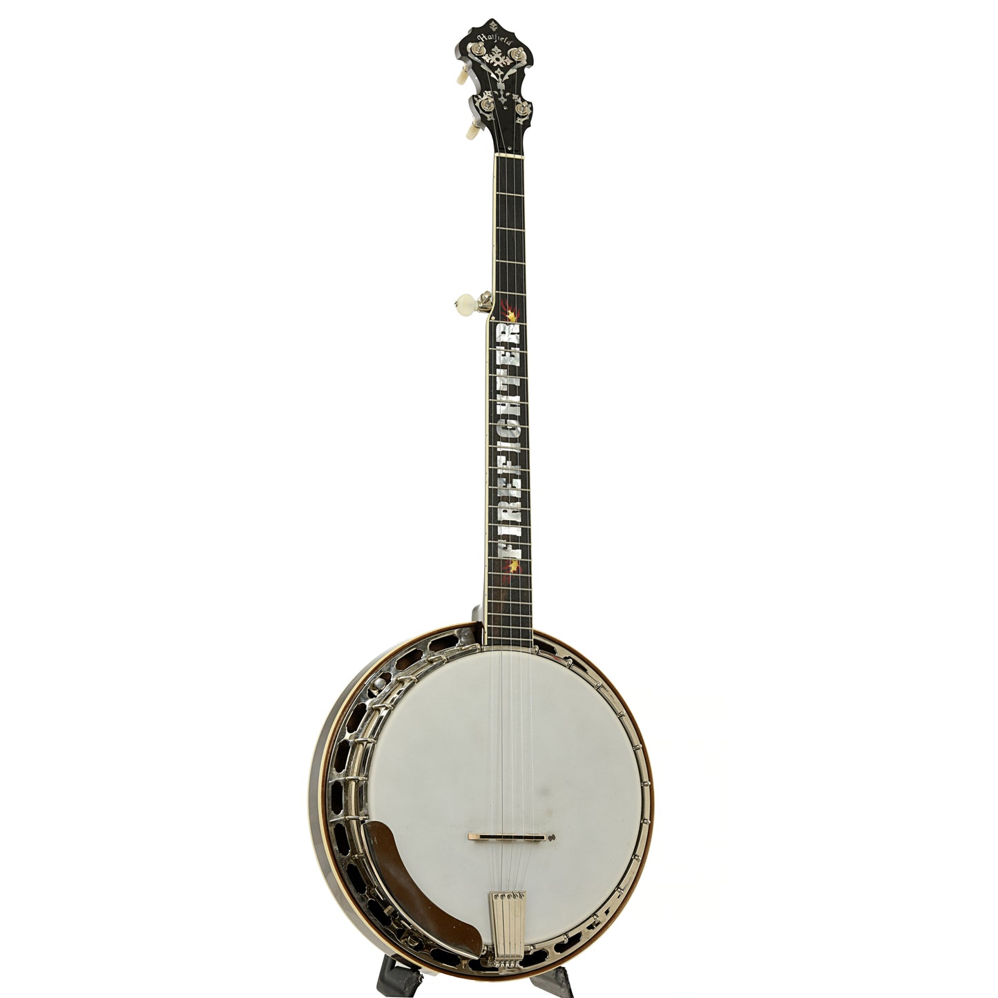 Full front and side of Hatfield Buckdancer Custom Firefighter Resonator Banjo