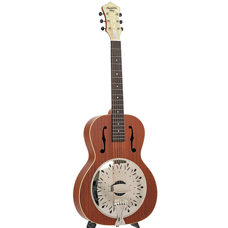 Full front and side of Recording King Rattlesnake Wood Body Roundneck Resonator, Satin Brown