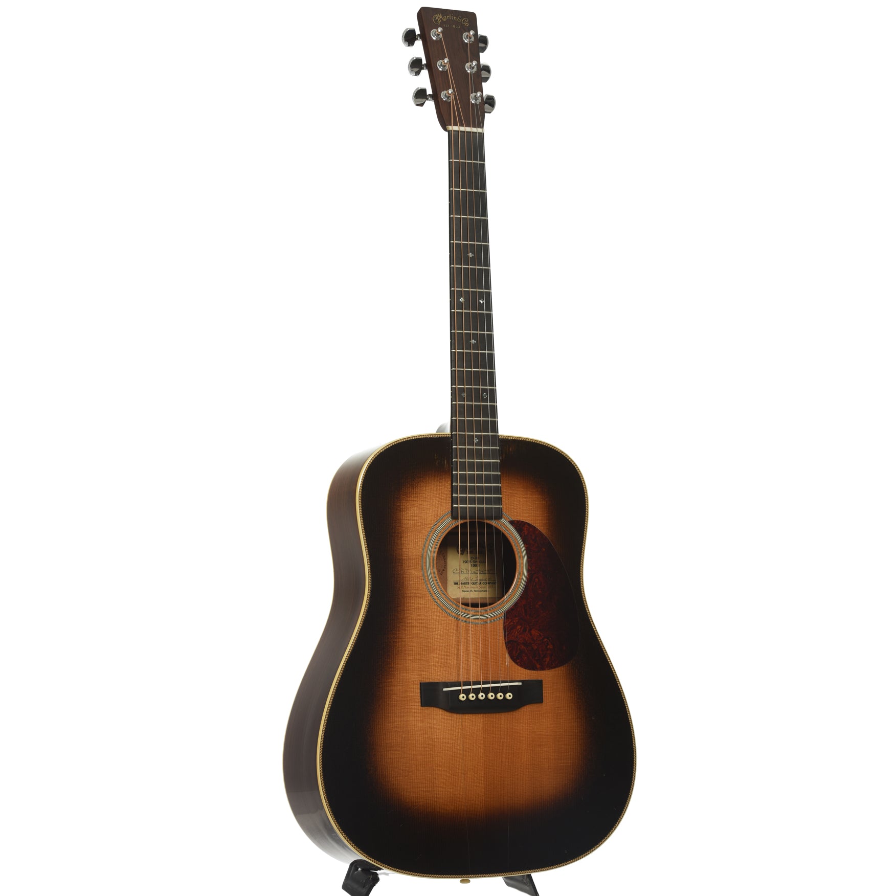 Full front and side of Martin D-28 1935 Special Sunburst Acoustic Guitar
